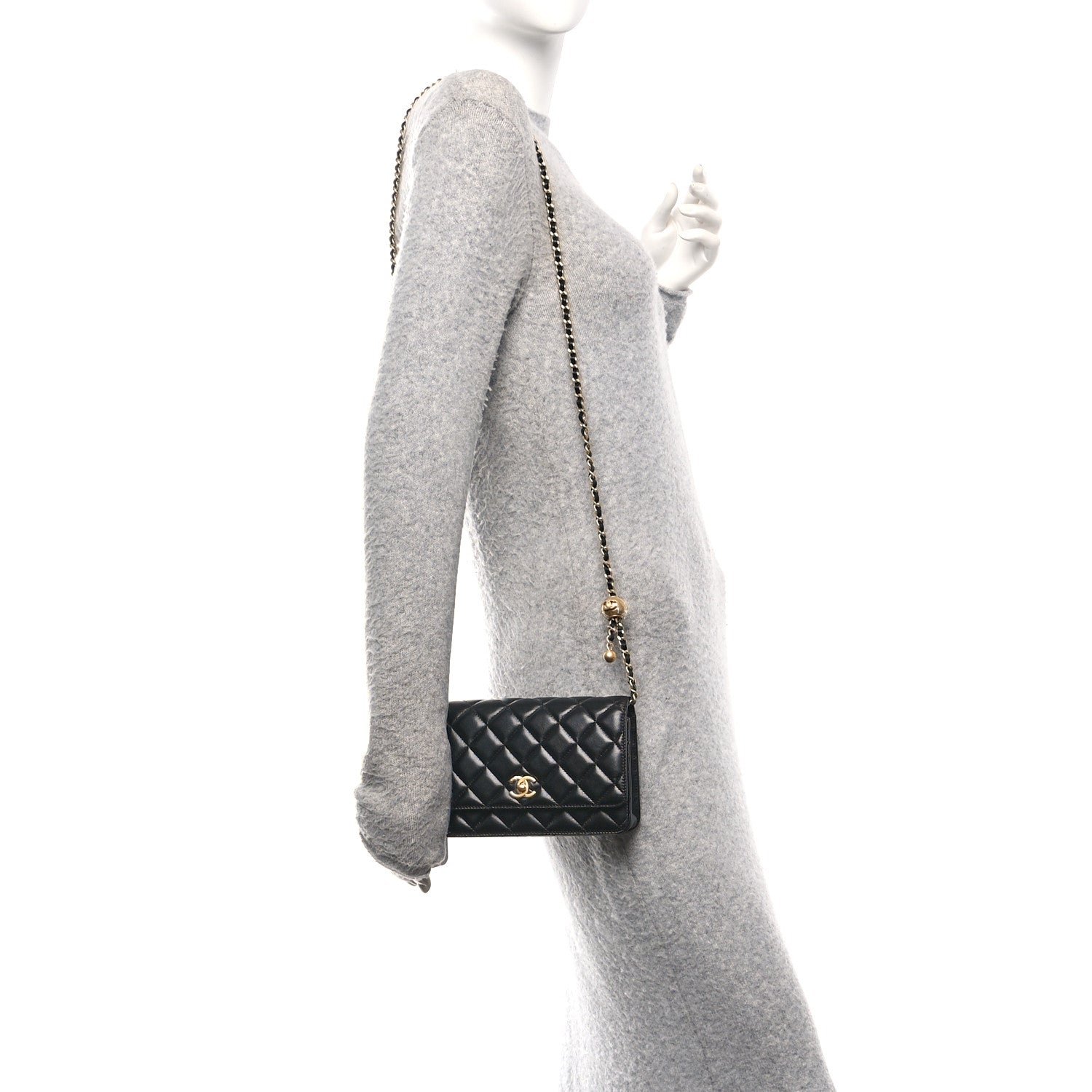 Chanel Lambskin Quilted CC Pearl Crush Wallet on Chain WOC Black 2 of 11