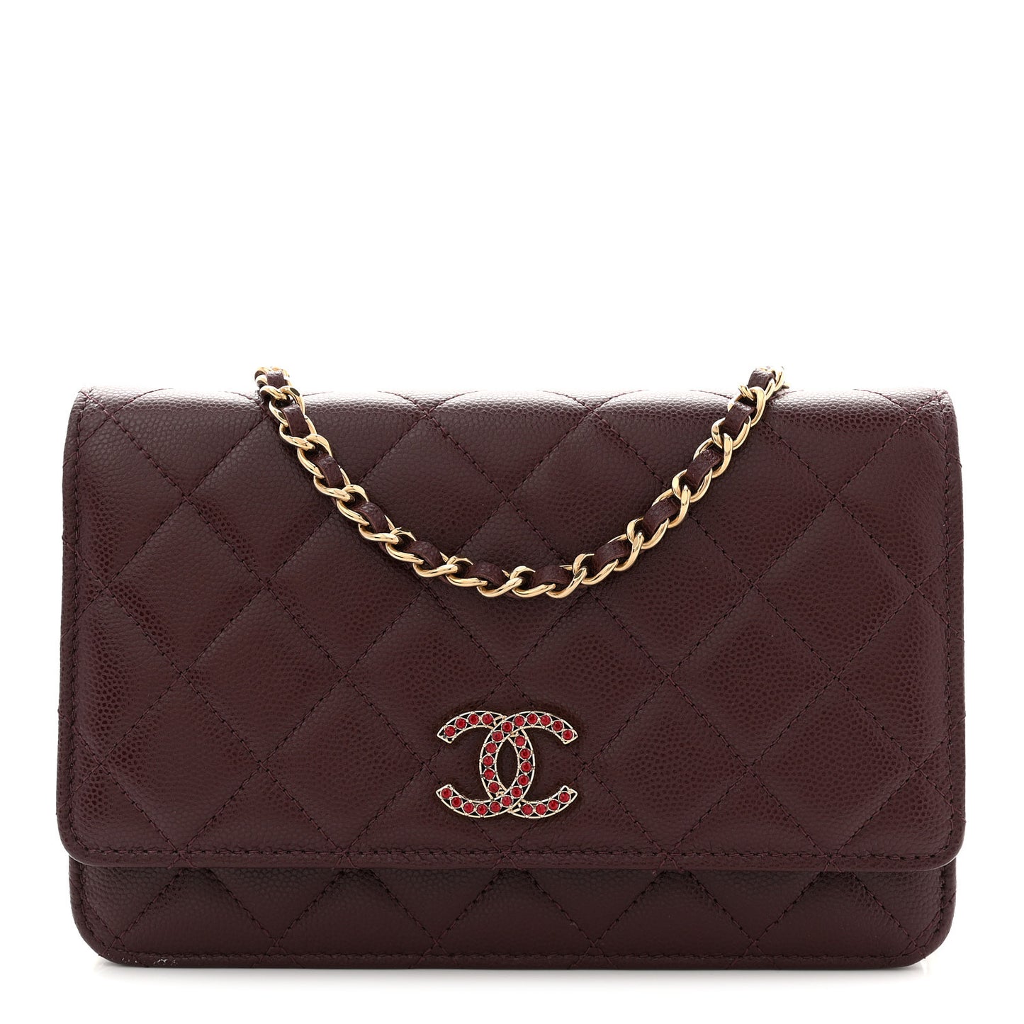 Shiny Caviar Quilted Strass Wallet On Chain WOC Bordeaux