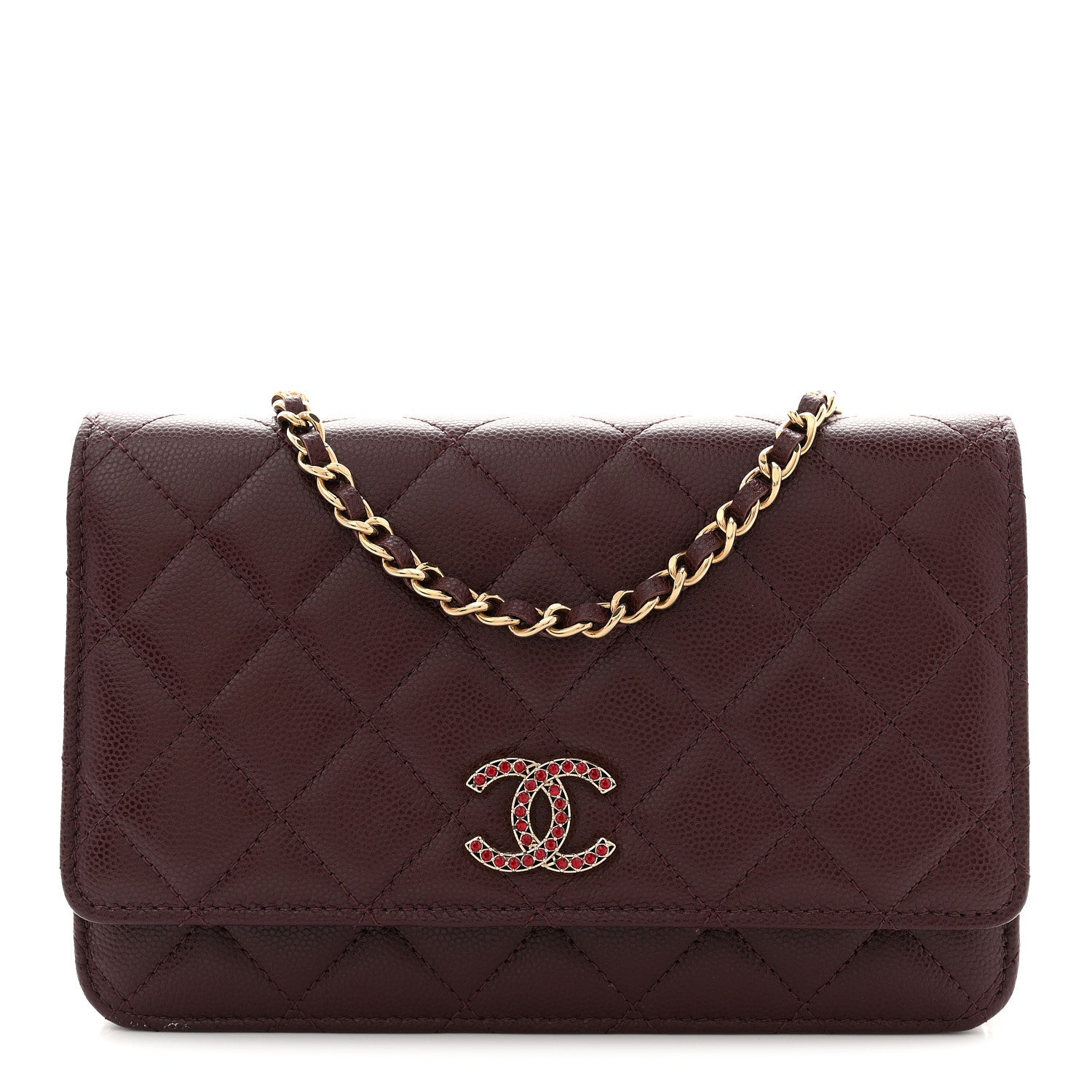 Chanel Shiny Caviar Quilted Strass Wallet On Chain WOC Bordeaux 1 of 10