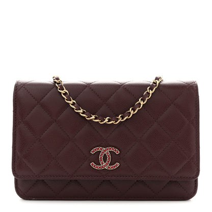 Chanel Shiny Caviar Quilted Strass Wallet On Chain WOC Bordeaux 1 of 10
