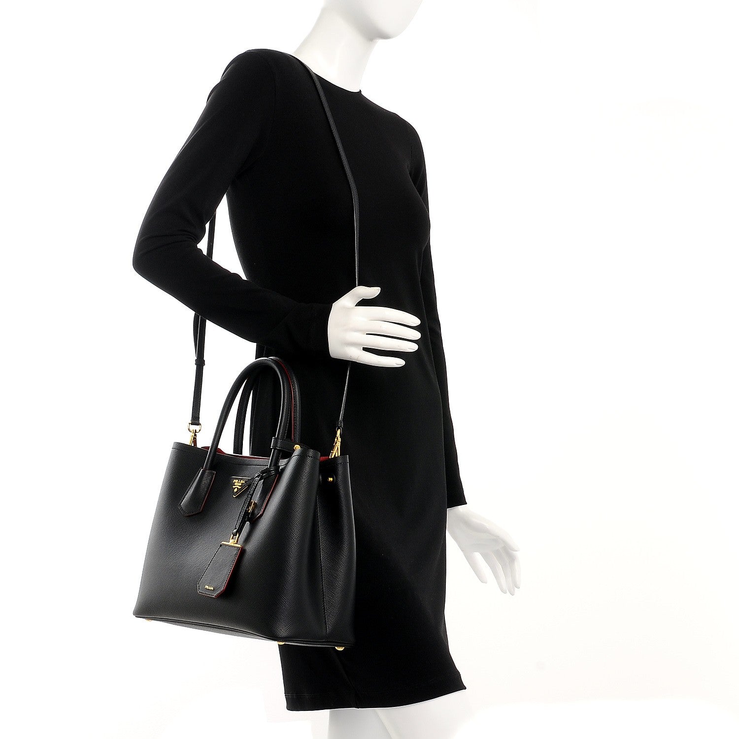 Prada Saffiano Cuir Medium Double Bag Black Fuoco 2 of 8