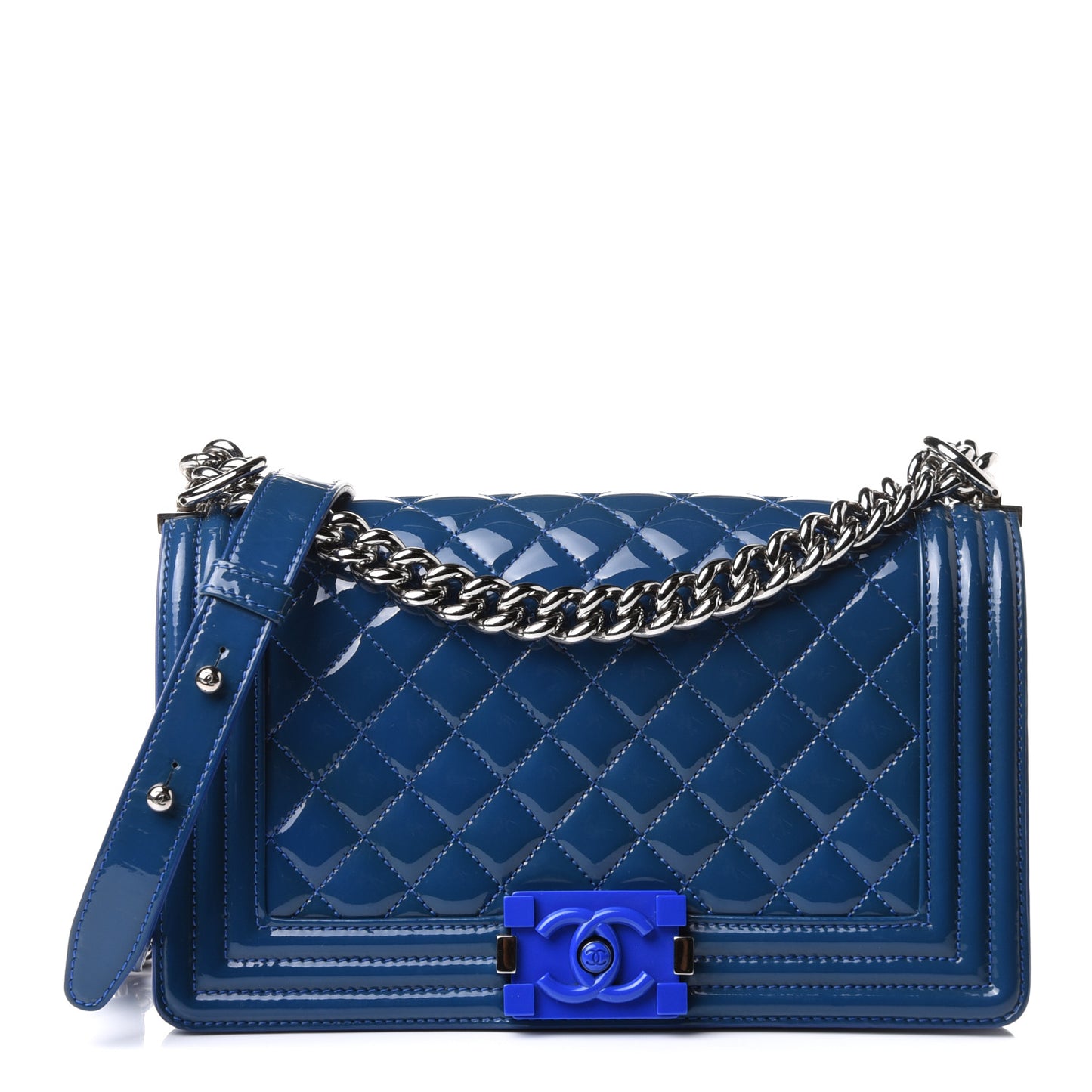 Patent Calfskin Quilted Medium Plexiglass Boy Flap Blue