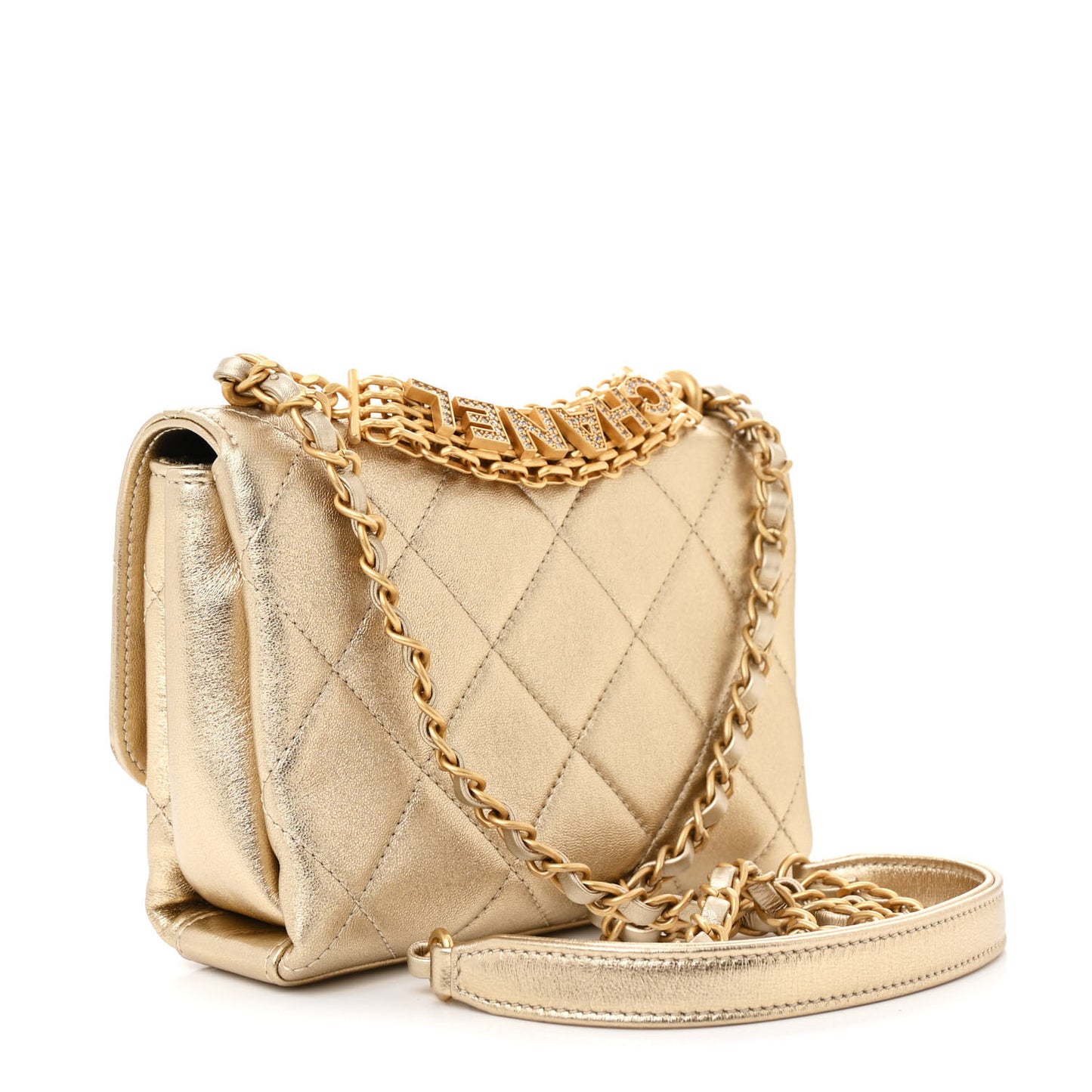 Metallic Lambskin Quilted Mini CC Crystal Logo Chain Flap Gold