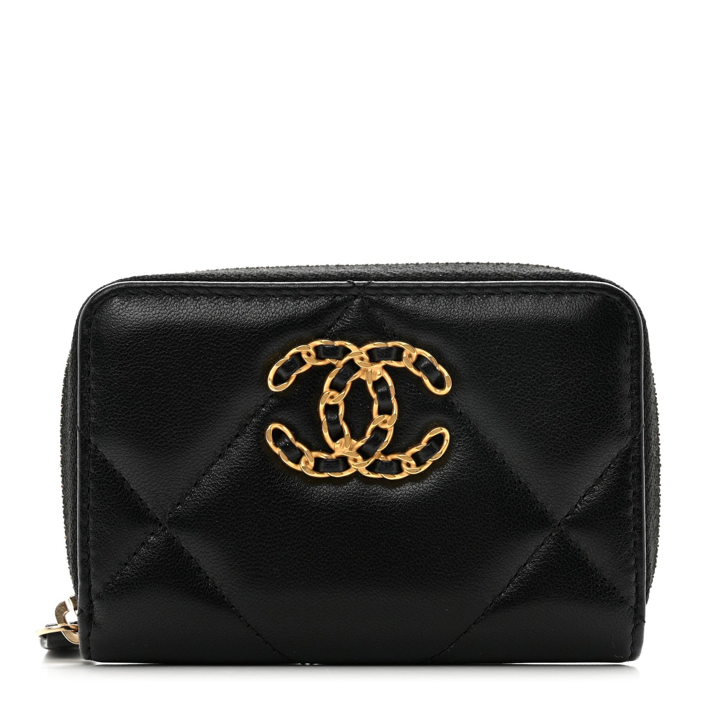Lambskin Quilted Chanel 19 Zip Around Coin Purse Wallet Black