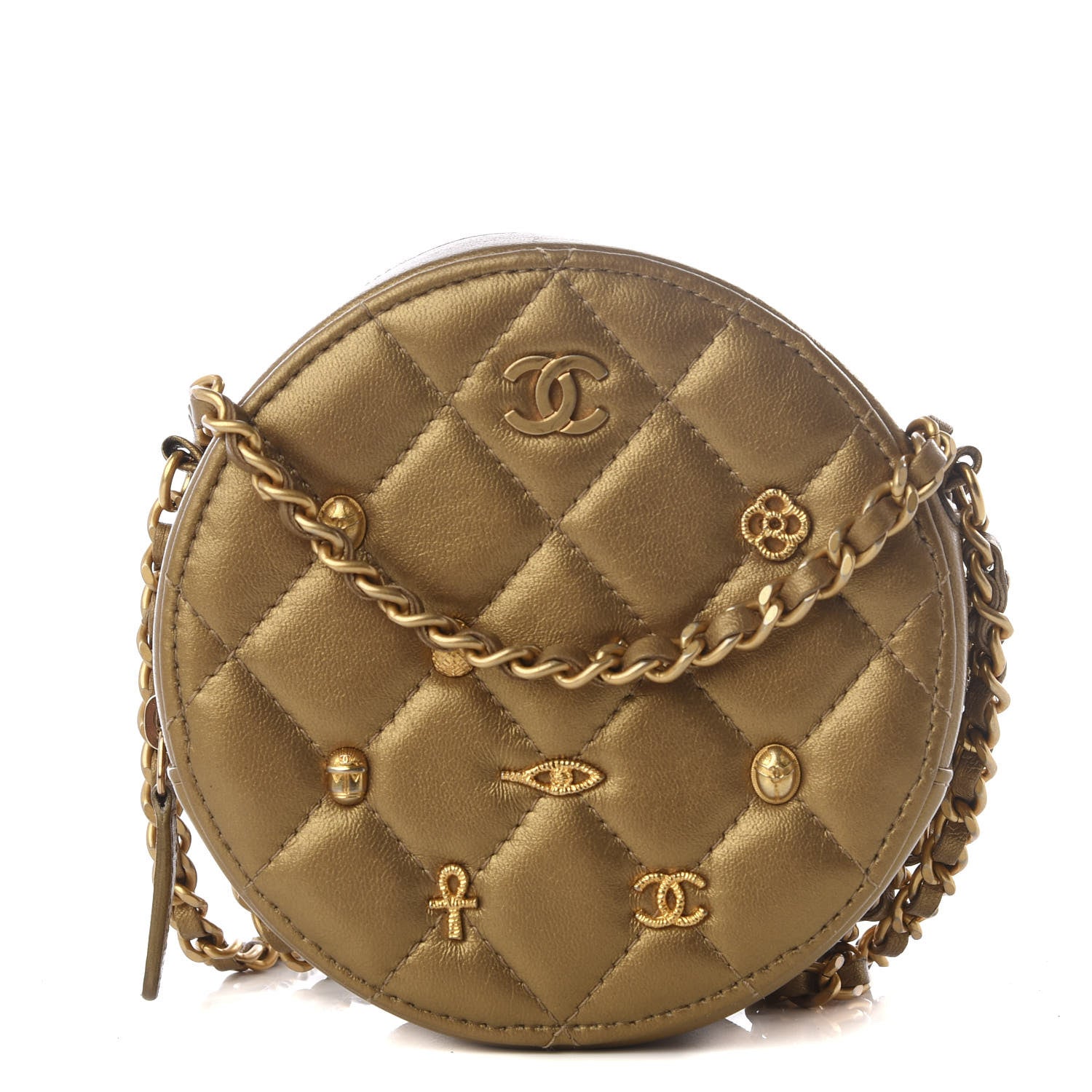 Chanel Metallic Lambskin Quilted Egyptian Amulet Round Clutch With Chain Gold 1 of 7