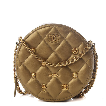 Chanel Metallic Lambskin Quilted Egyptian Amulet Round Clutch With Chain Gold 1 of 7