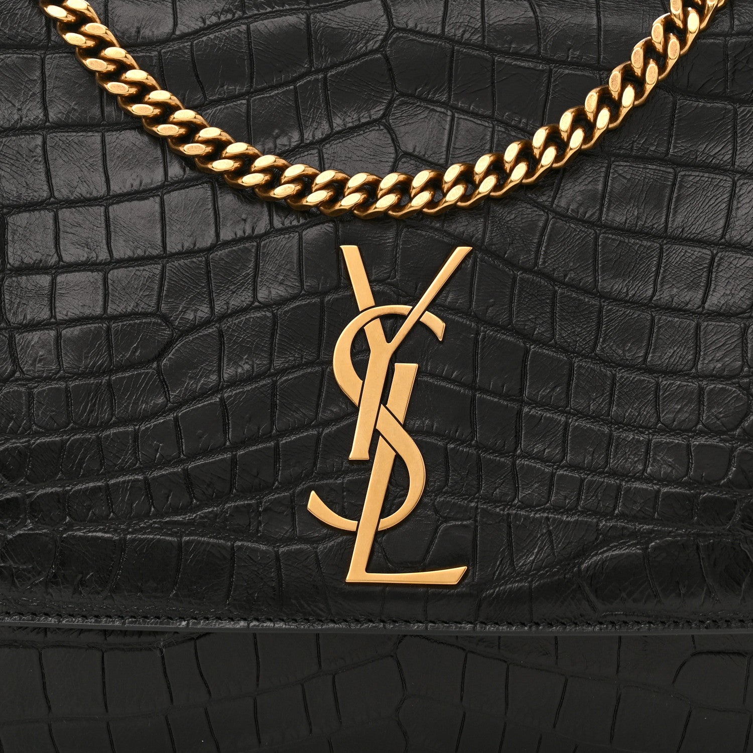 Saint Laurent Calfskin Crocodile Embossed Suede Medium Reversible Monogram Kate Satchel Military Taupe 7 of 10