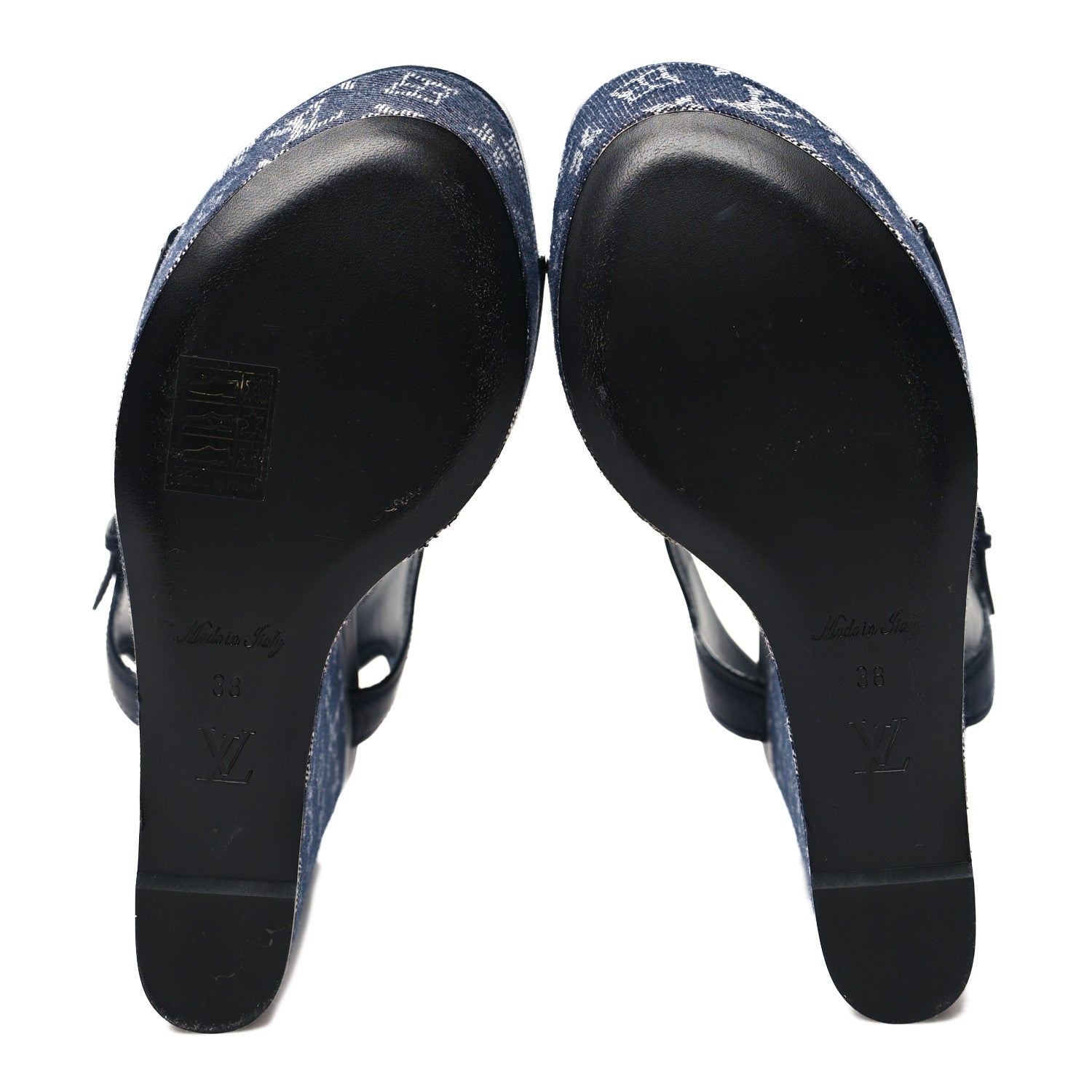Louis Vuitton Calfskin Monogram Denim Waterfall Wedge Sandals 38 Blue 5 of 10