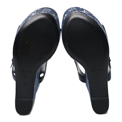Louis Vuitton Calfskin Monogram Denim Waterfall Wedge Sandals 38 Blue 5 of 10