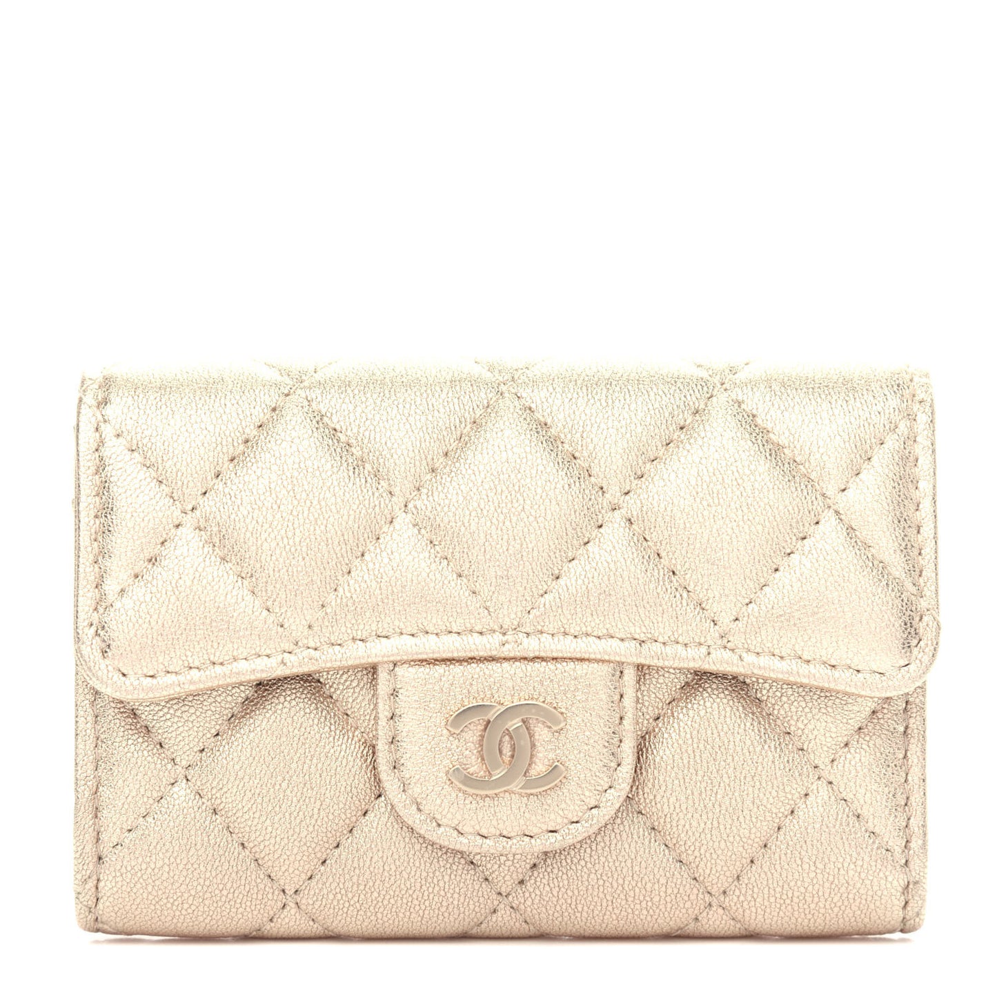 Metallic Lambskin Quilted Flap Card Holder Wallet Gold