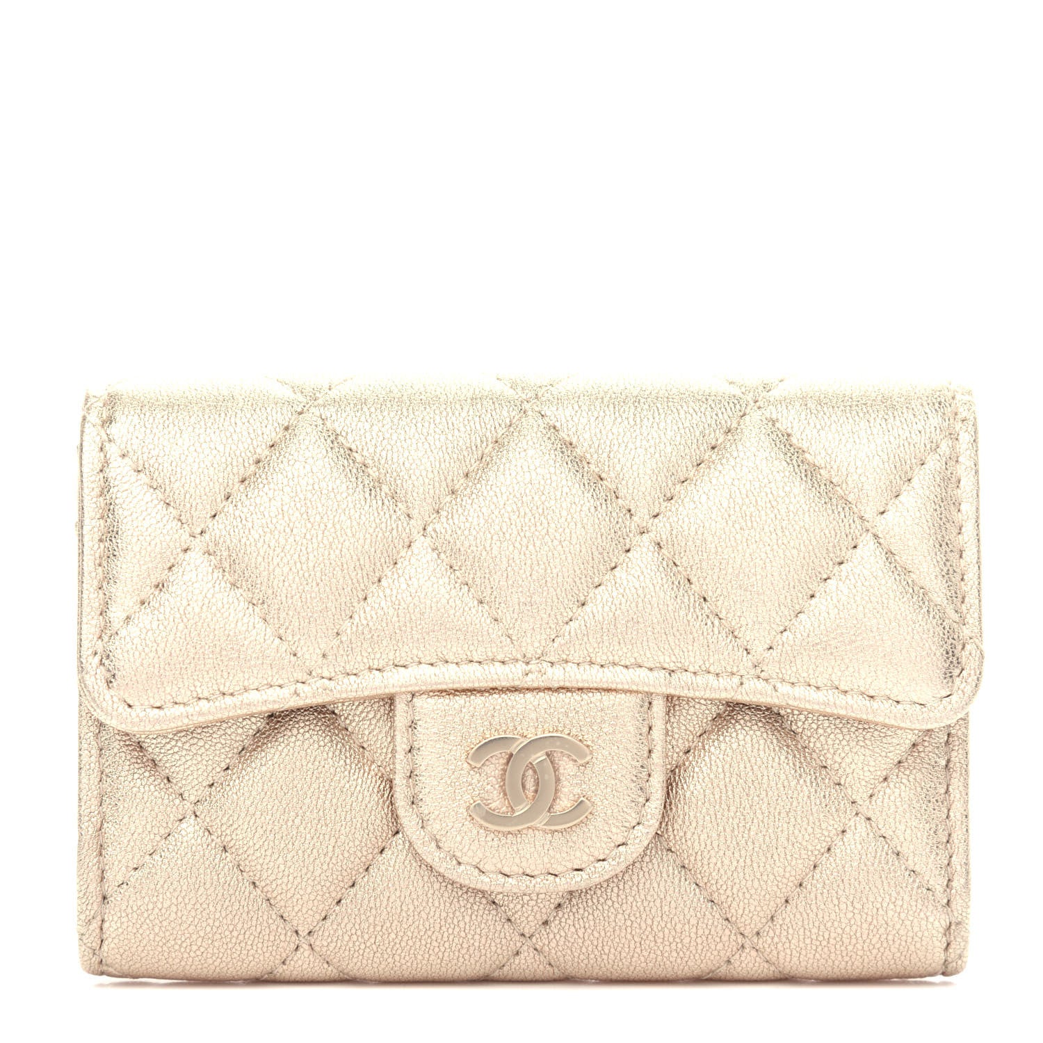 Chanel Metallic Lambskin Quilted Flap Card Holder Wallet Gold 1 of 9