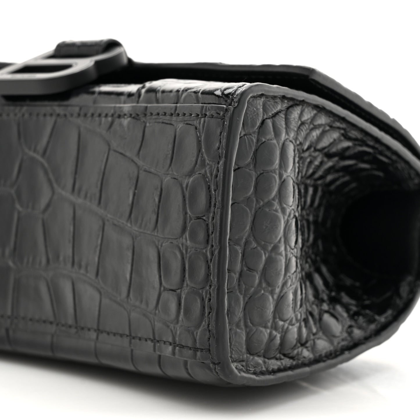 Shiny Calfskin Monochrome Crocodile Embossed Hourglass Top Handle Bag XS Black