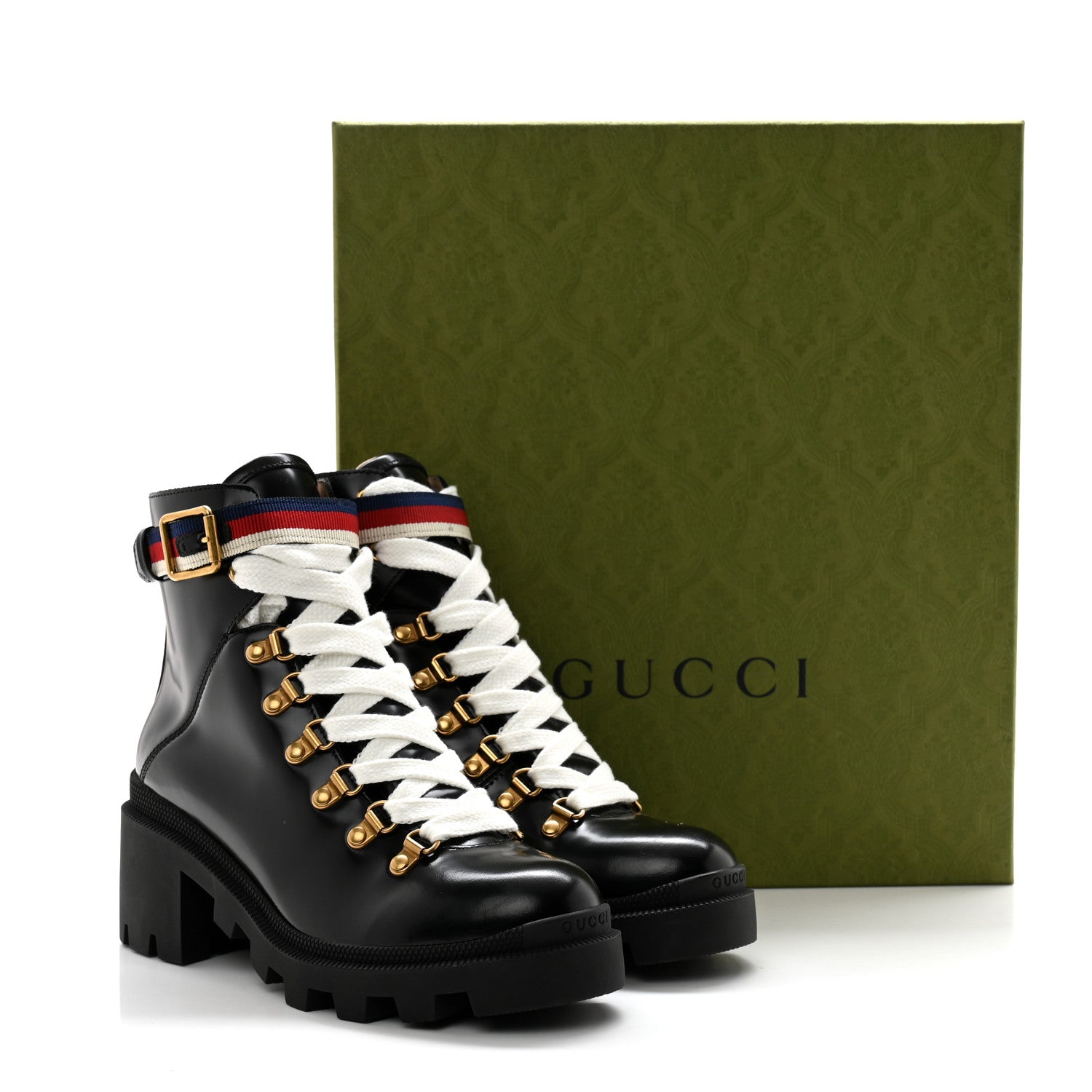 Gucci Calfskin Sylvie Web Womens Lace Up Combat Boots 37.5 Black 10 of 10