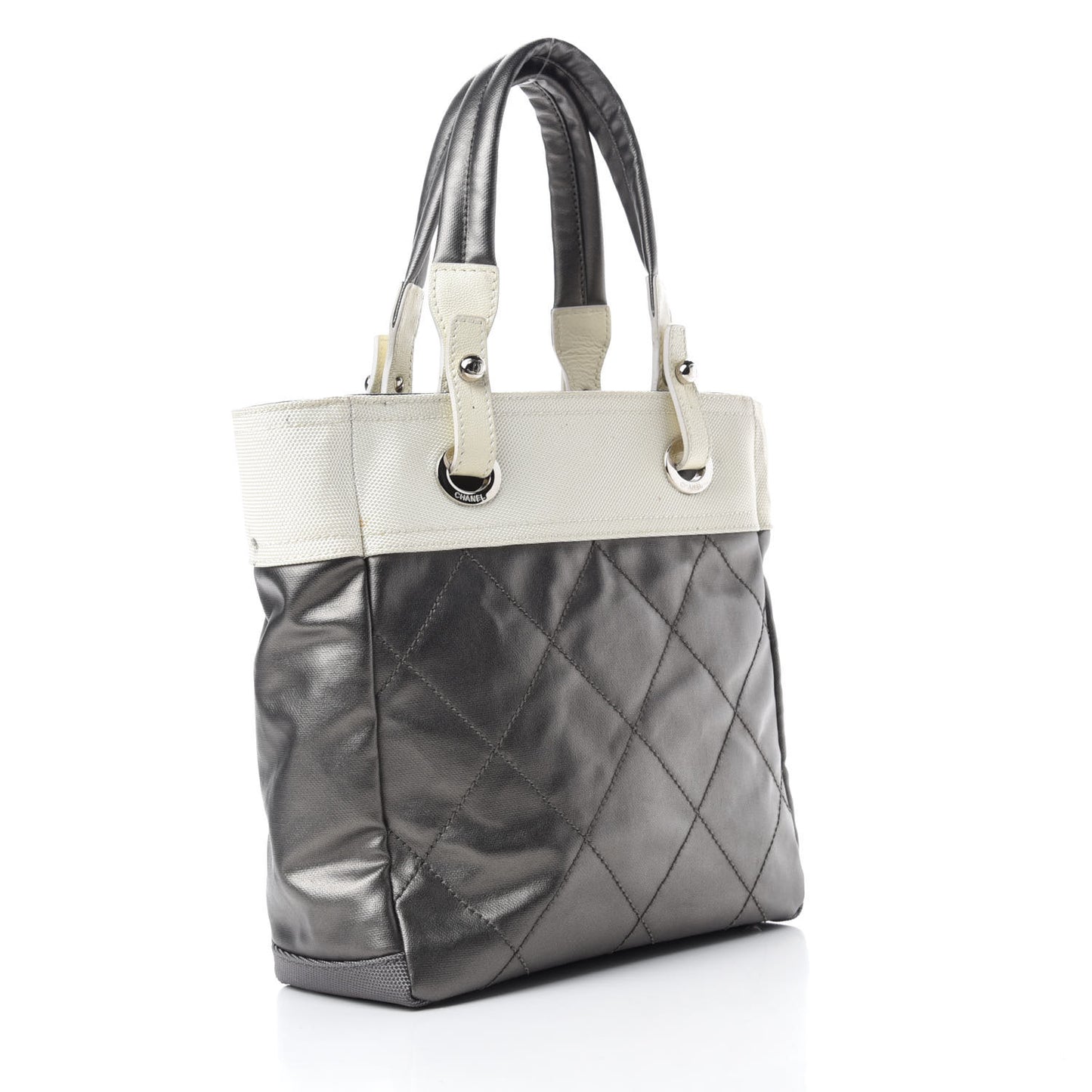 Coated Canvas Quilted Small Paris Biarritz Tote Silver