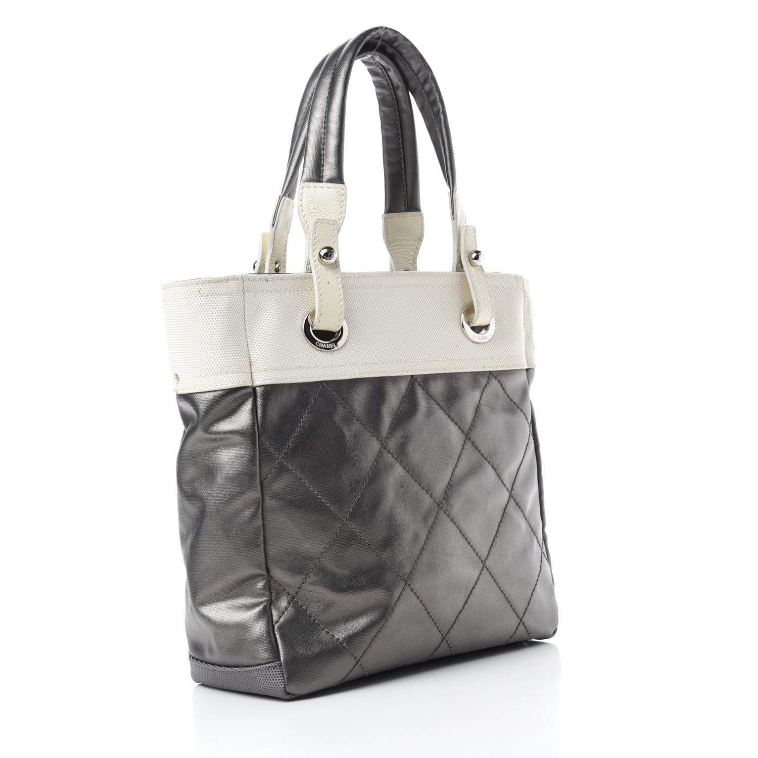 Chanel Coated Canvas Quilted Small Paris Biarritz Tote Silver 3 of 13