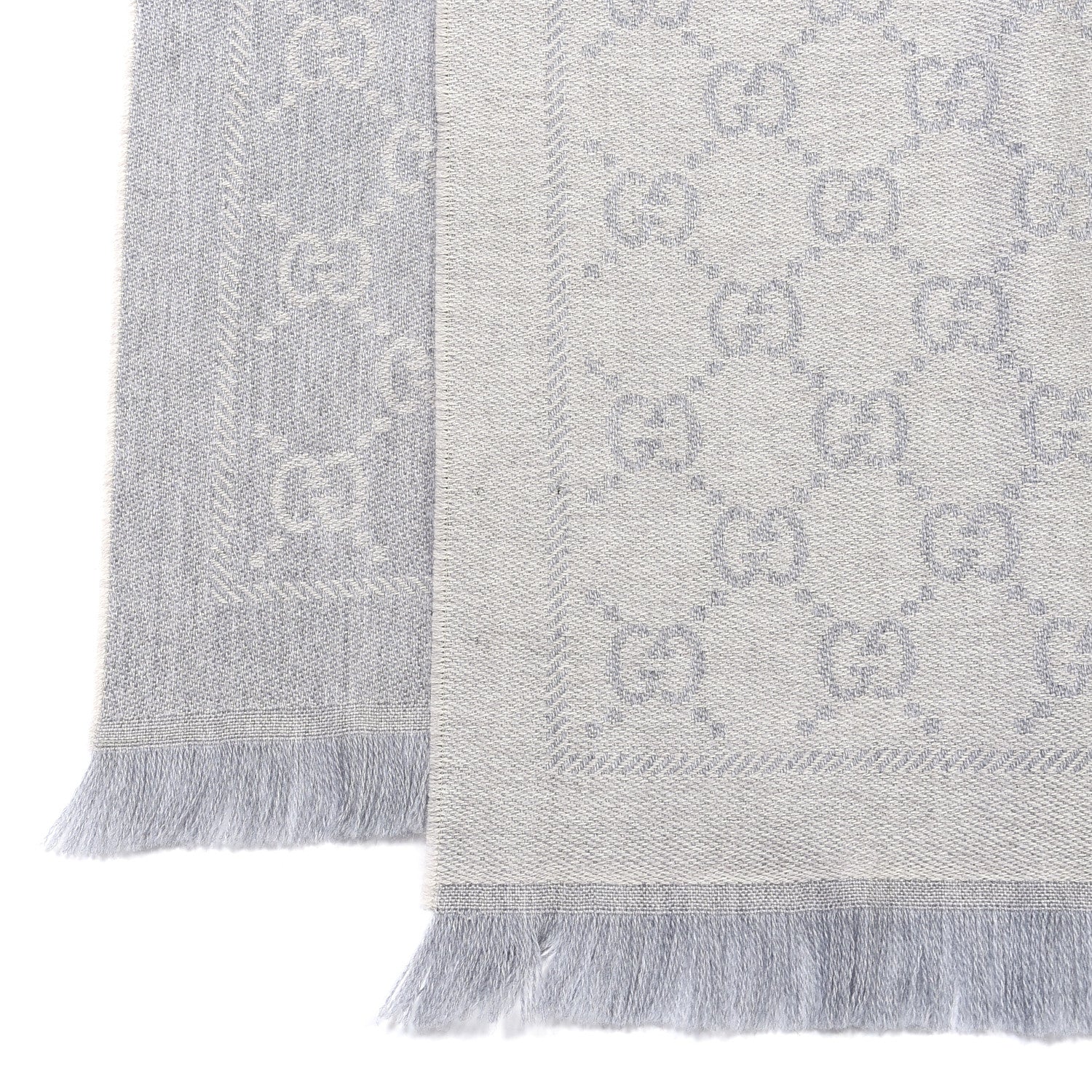 Gucci Wool Jacquard GG Monogram Sten Fringe Scarf Zinc Light Grey 4 of 4