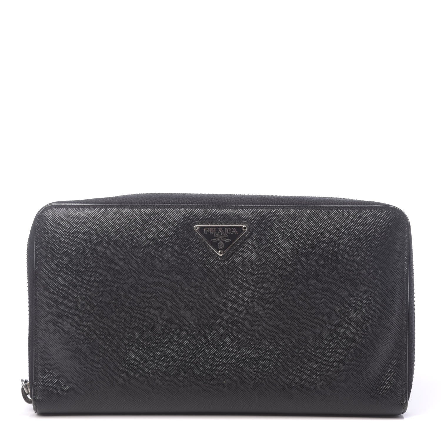 Prada Saffiano Triangle Large Zip Around Travel Wallet Black 1 of 8