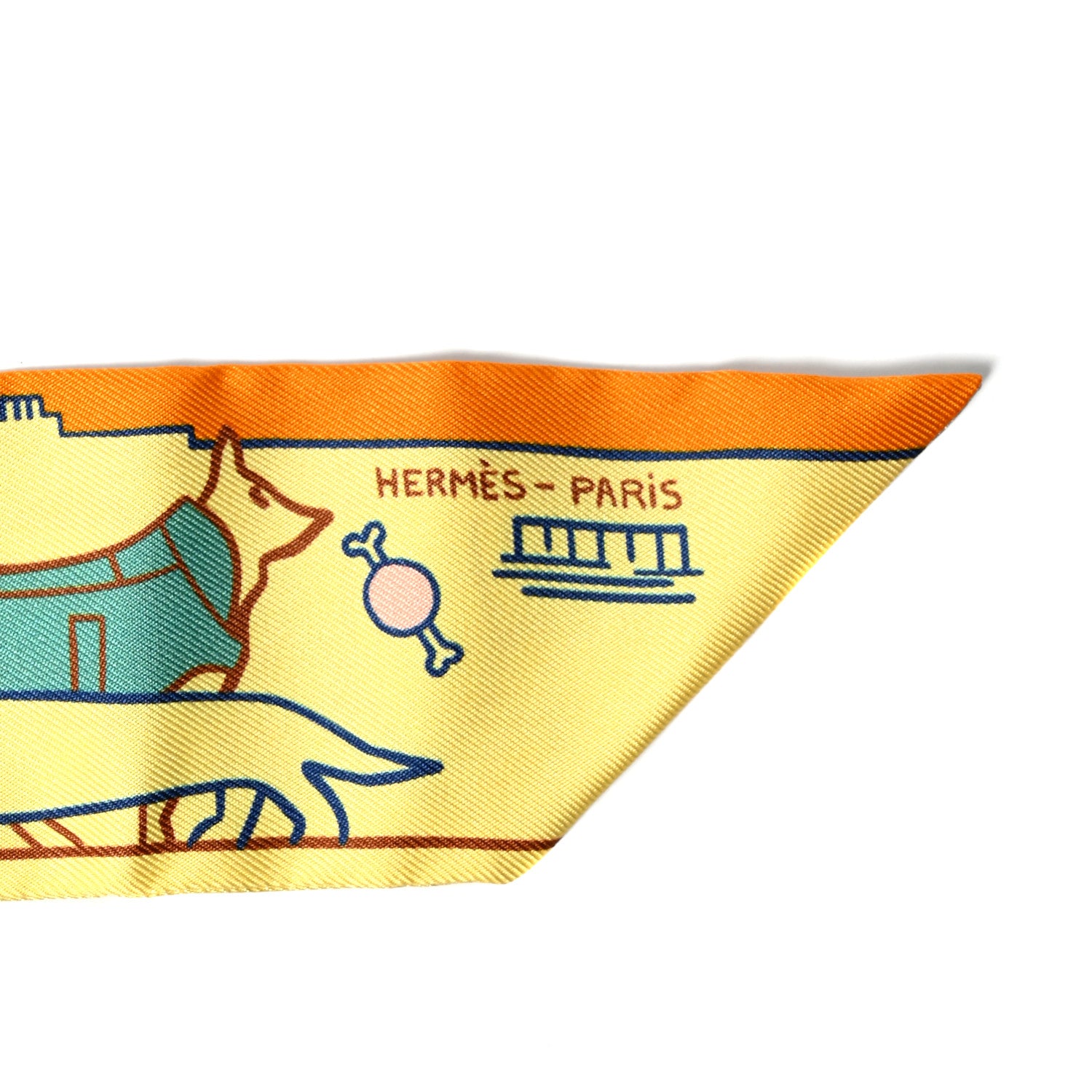 Hermes Silk Les Chiens Parisiens Twilly Jaune Orange Vert 2 of 4