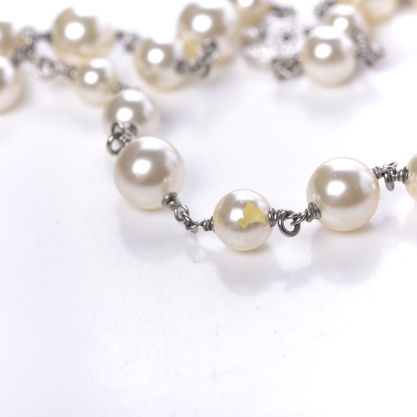 Graduated Pearl Crystal CC Long Necklace Silver