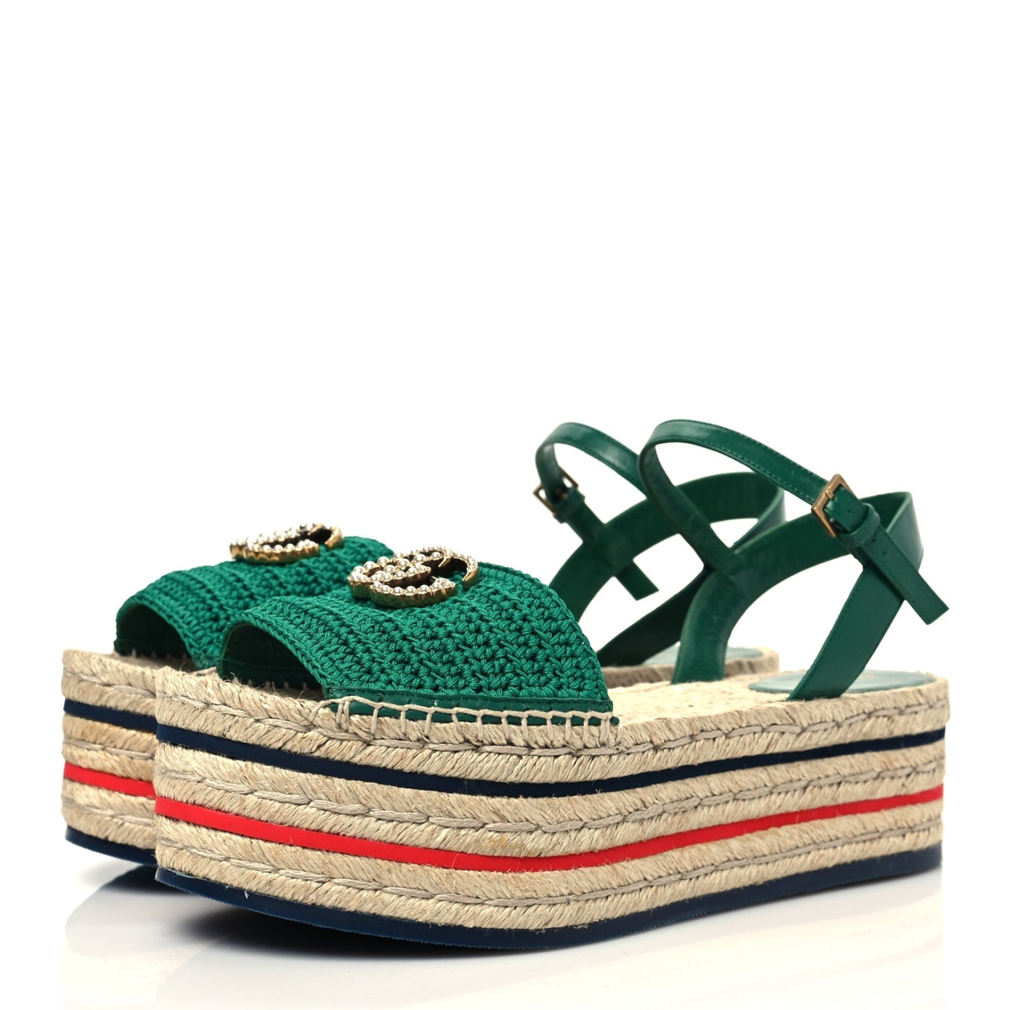 Cotton Malaga Kid Crochet Pearly GG Lilibeth Espadrille Platform Sandals 39.5 Emerald