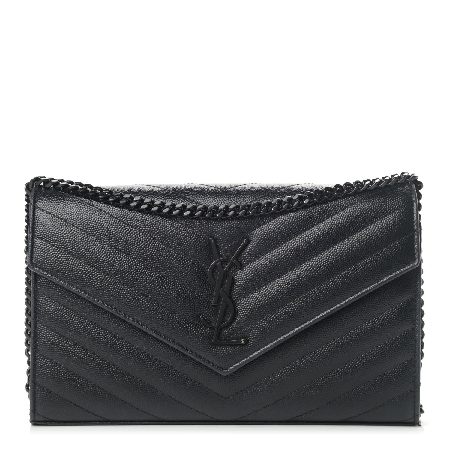 Saint Laurent Grain De Poudre Matelasse Chevron Monogram Chain Wallet Black 1 of 6