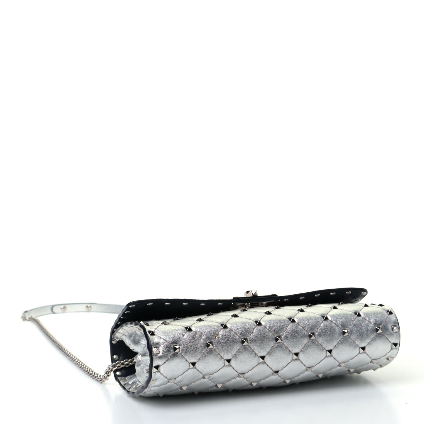 Metallic Lambskin Rockstud Spike Wallet on Chain Silver