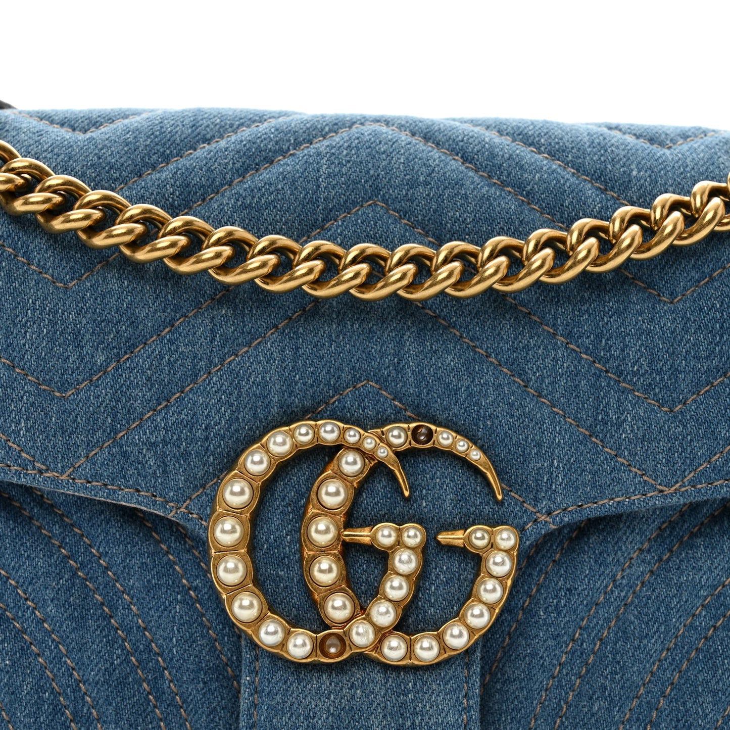 Denim Matelasse Small Pearly GG Marmont Shoulder Bag Blue