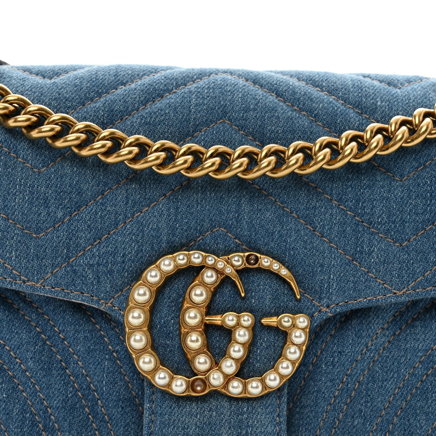 Gucci Denim Matelasse Small Pearly GG Marmont Shoulder Bag Blue 5 of 10