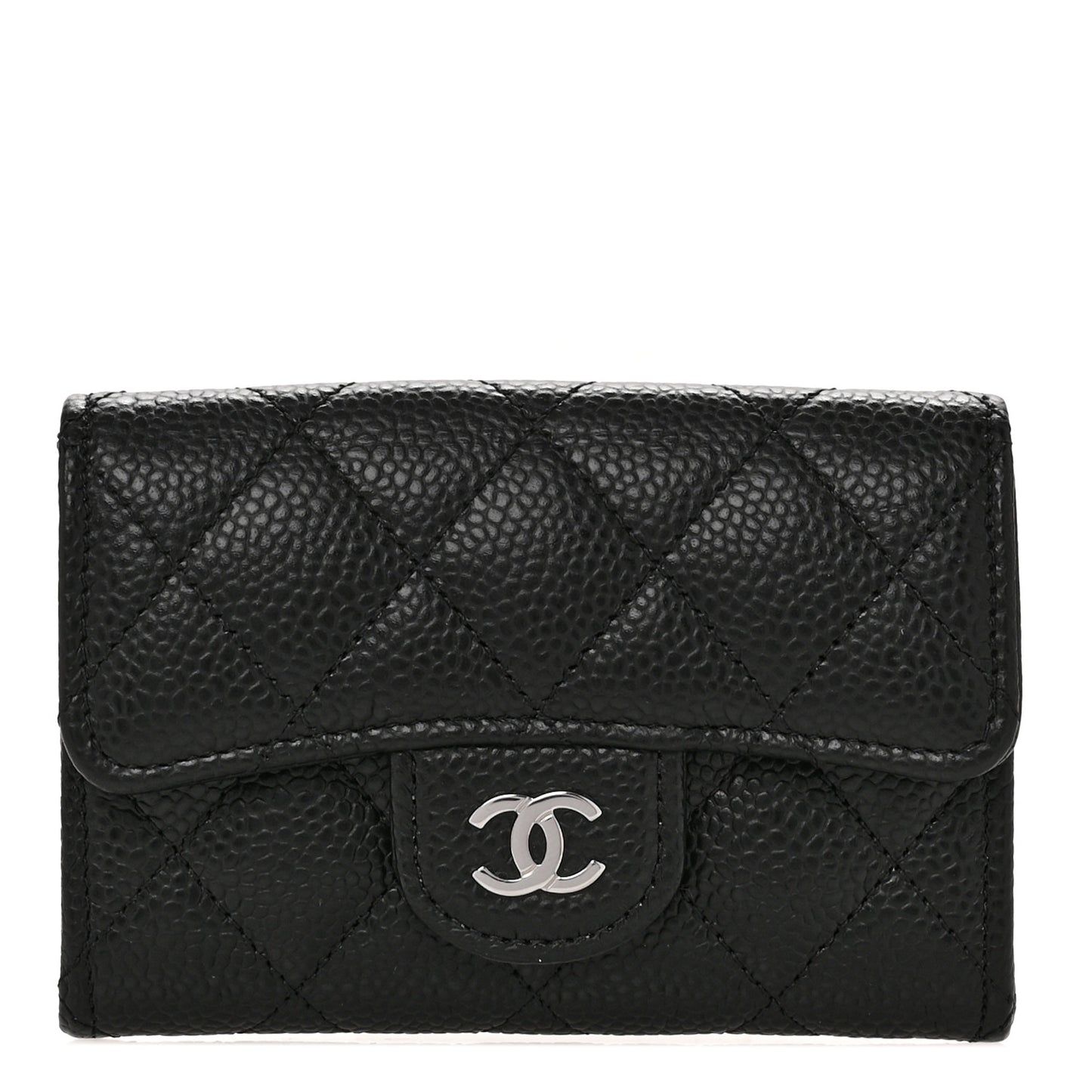 Caviar Quilted Flap Card Holder Wallet Black