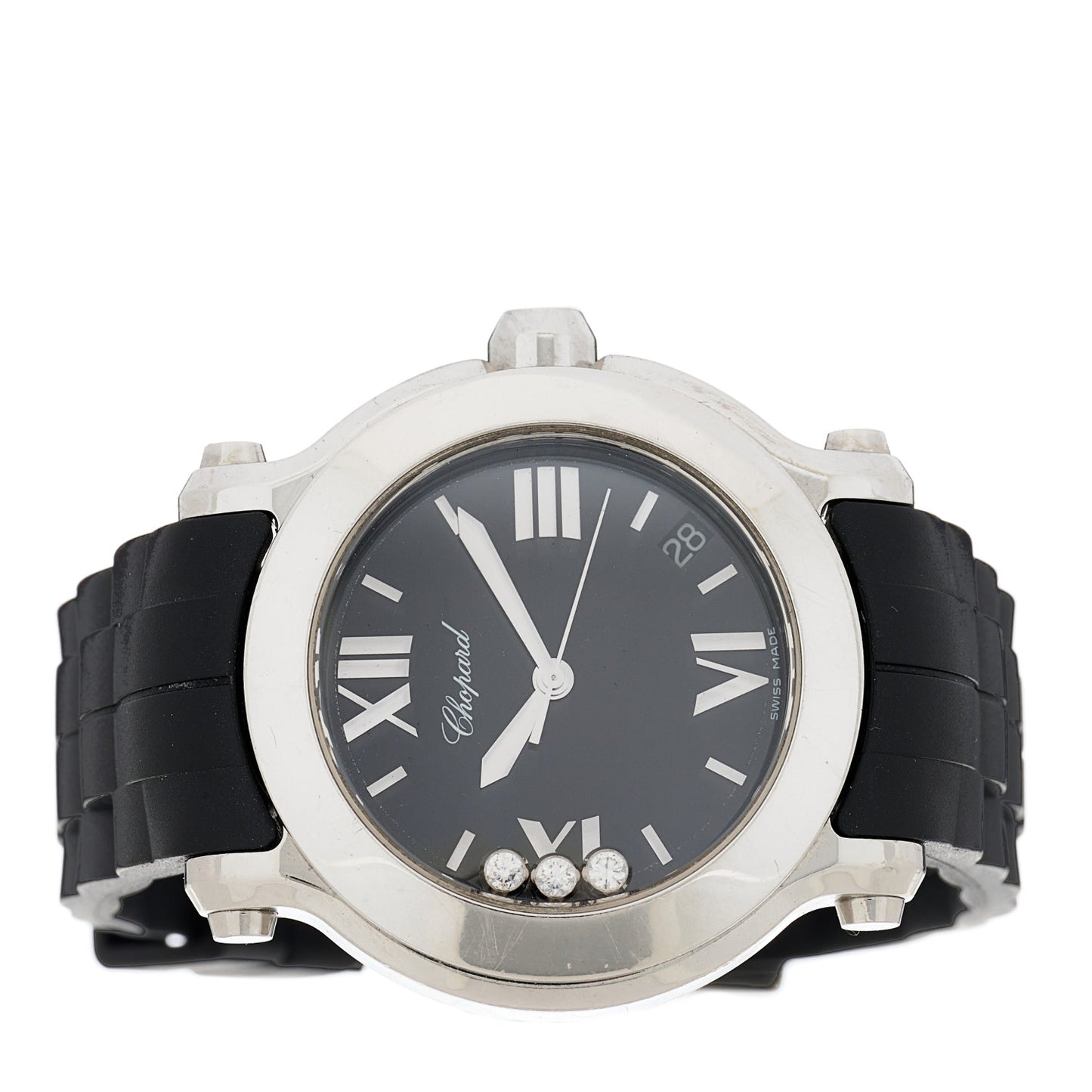 Stainless Steel Rubber 3 Diamond 36mm Happy Sport Quartz Watch Black