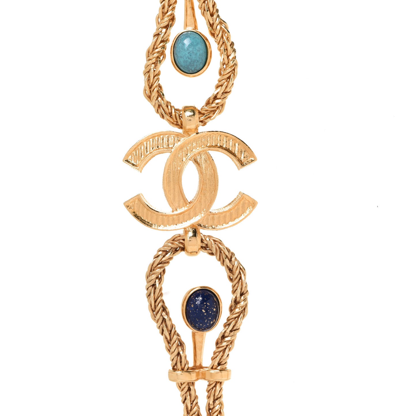 Gripoix Poured Glass Braided CC Long Necklace Gold Green Blue