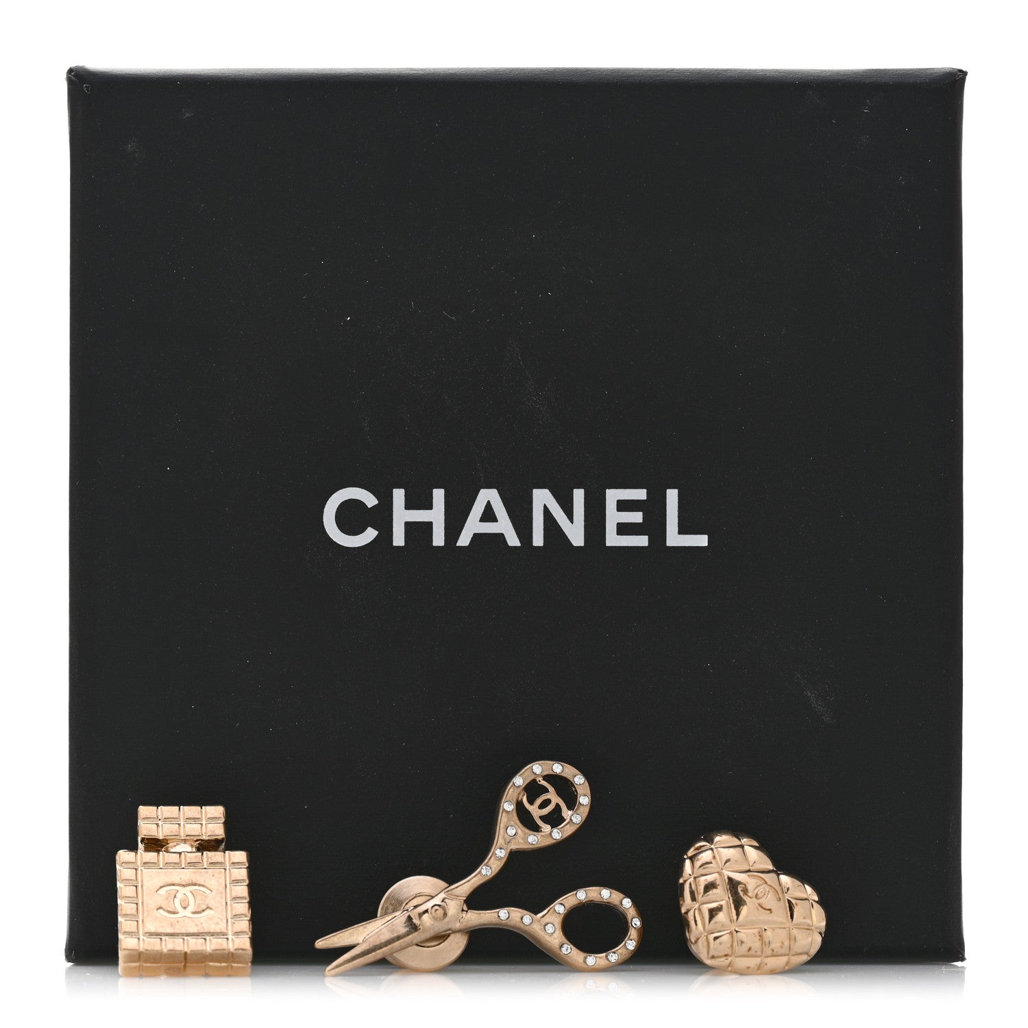 Chanel Metal Strass Crystal Quilted CC Heart Scissors Perfume Brooch Set Gold 5 of 5