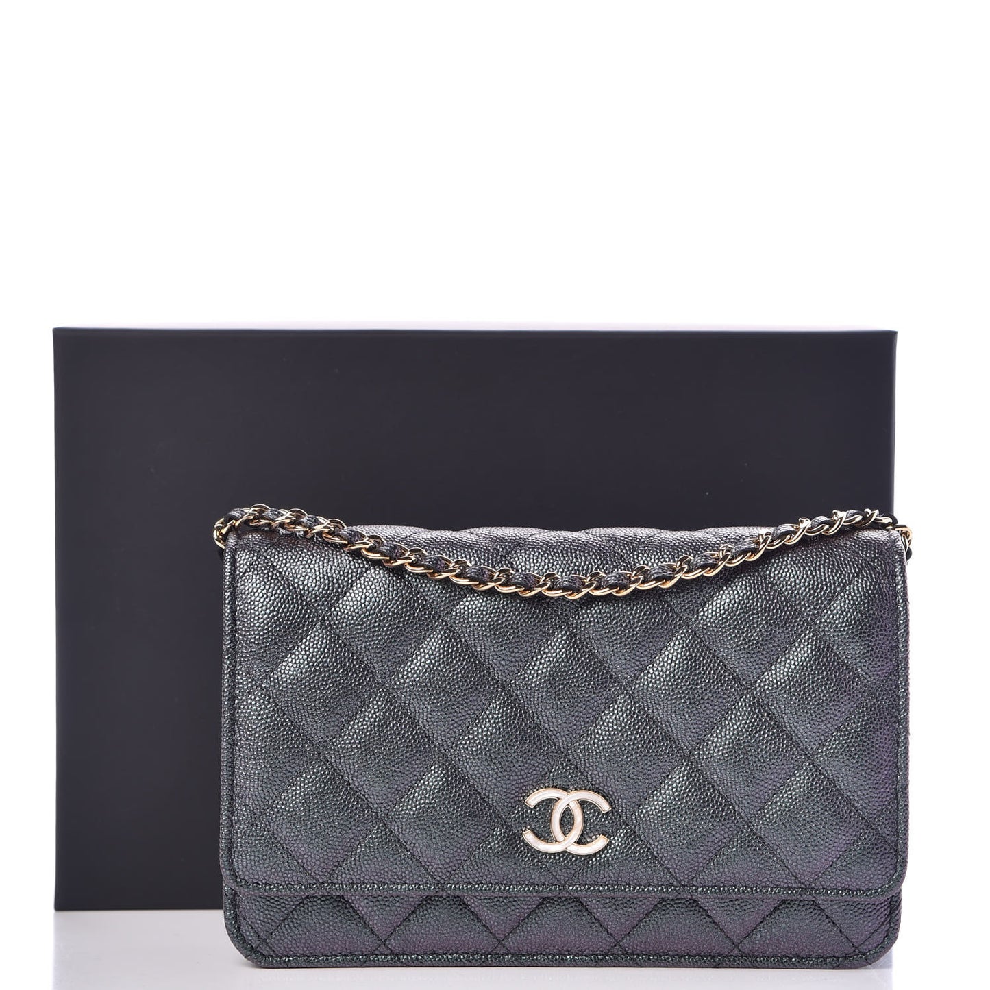 Iridescent Caviar Quilted Wallet On Chain WOC Black