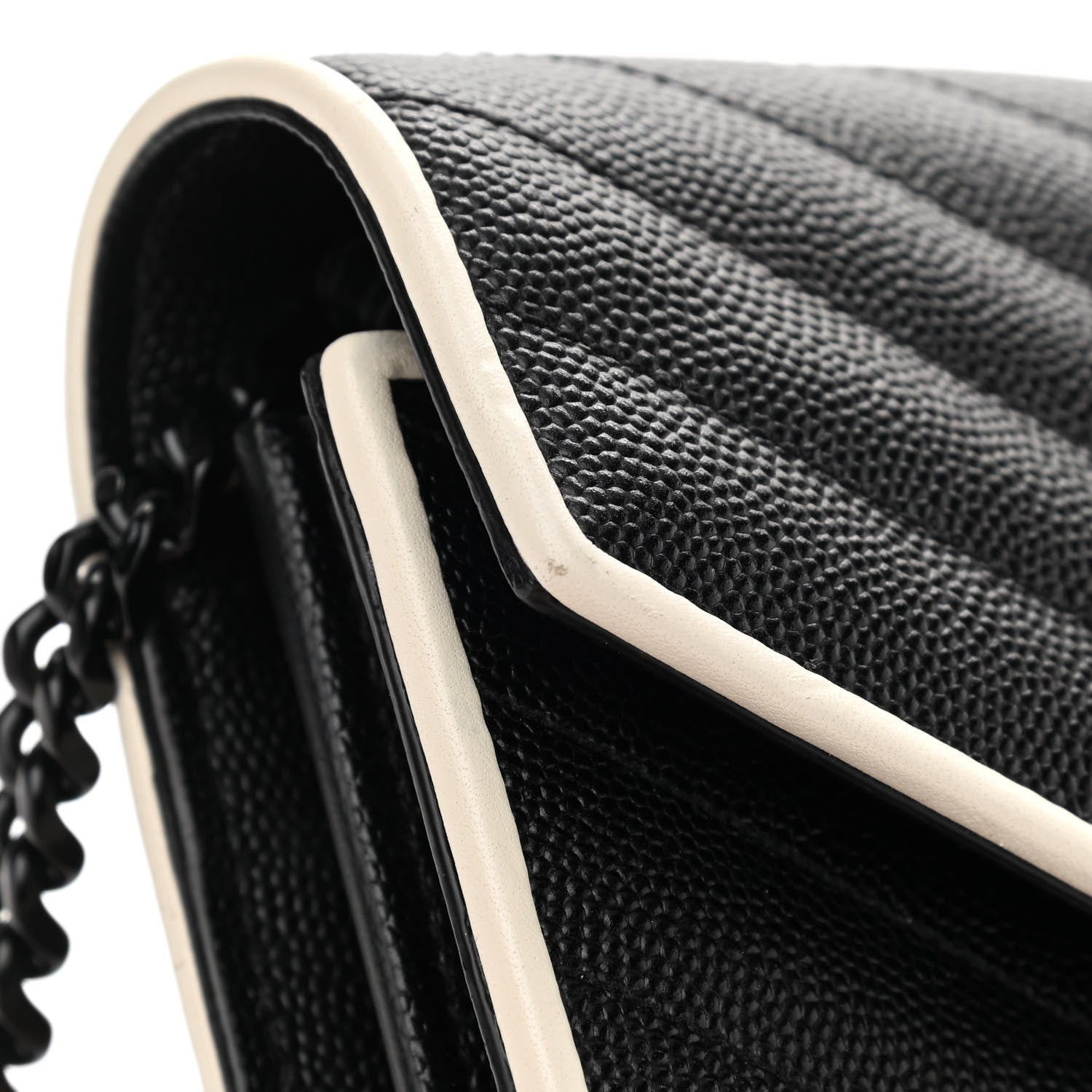 Saint Laurent Grain De Poudre Matelasse Chevron Monogram Chain Wallet Black White 12 of 13