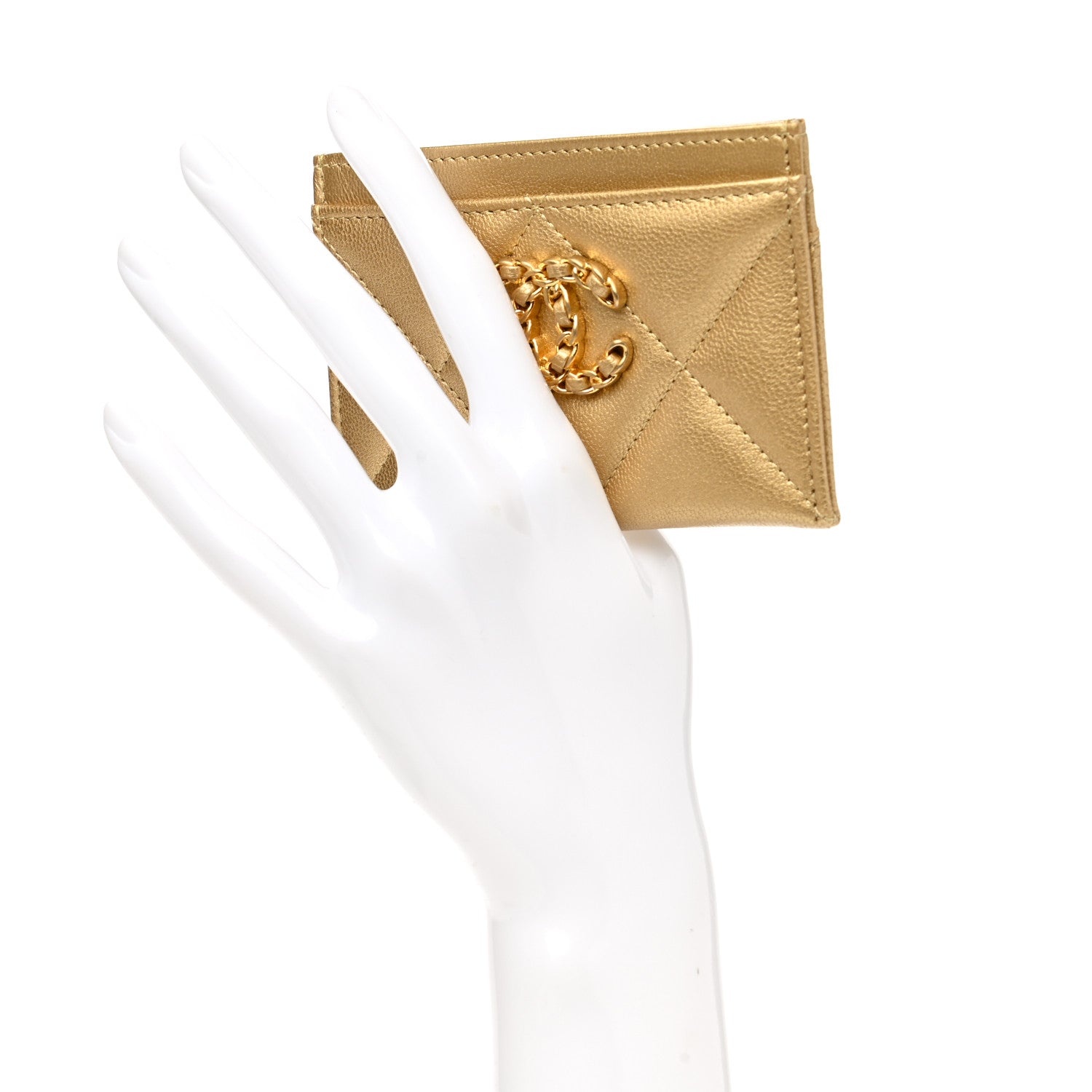 Chanel Metallic Goatskin Quilted Chanel 19 Card Holder Gold 2 of 9