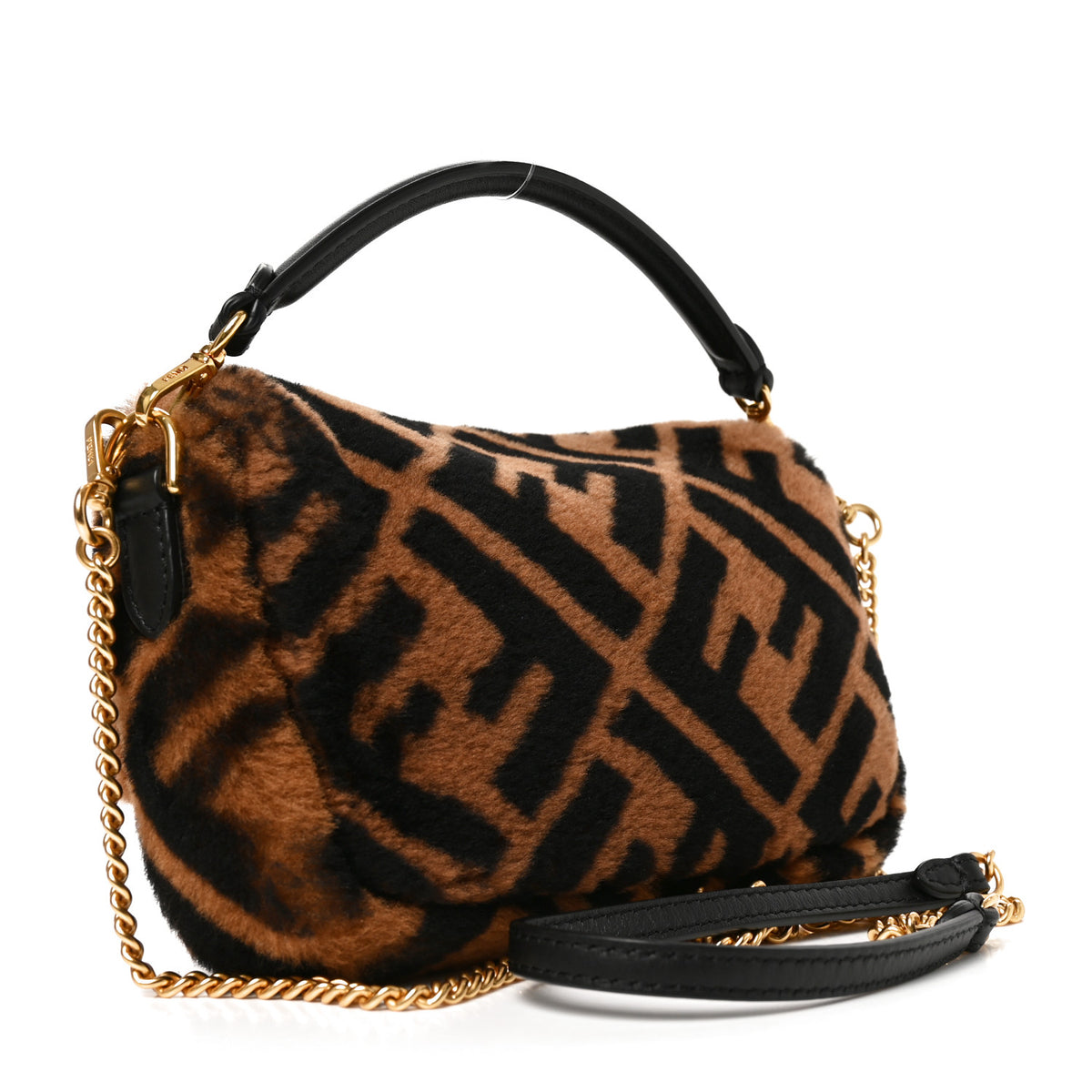 Shearling Vitello Dolce Macro FF 1974 Mini Baguette Tobacco Black