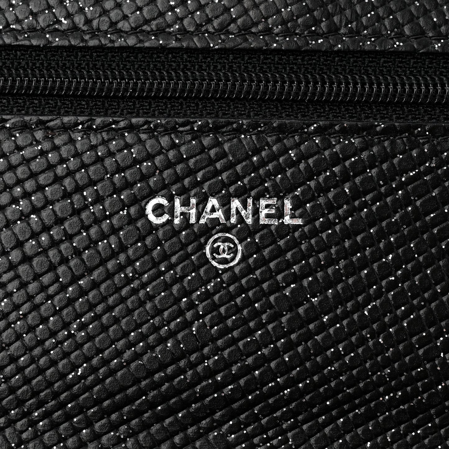 Glitter Calfskin Quilted Wallet on Chain WOC Black Silver