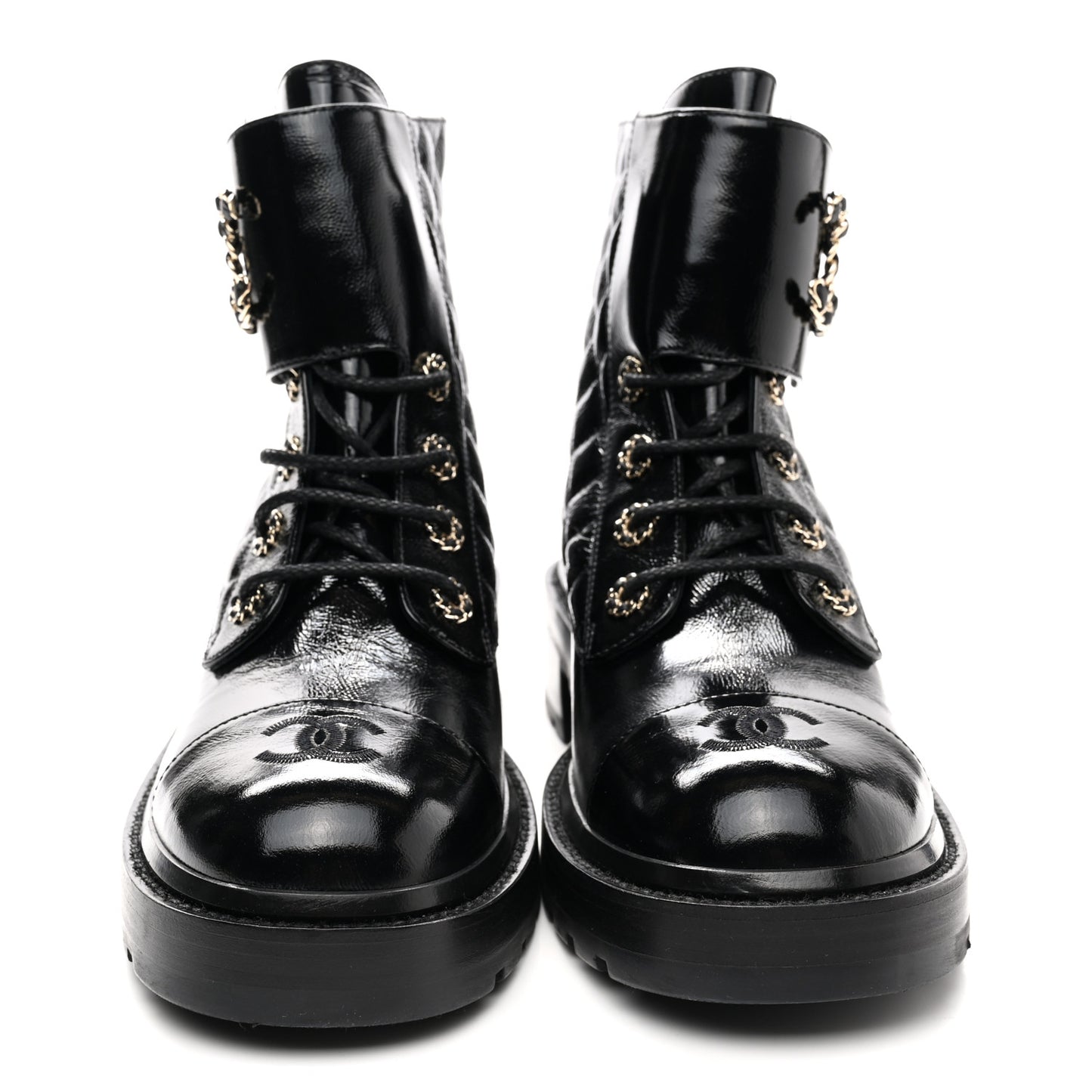 Shiny Calfskin Quilted Lace Up Combat Boots 41 Black
