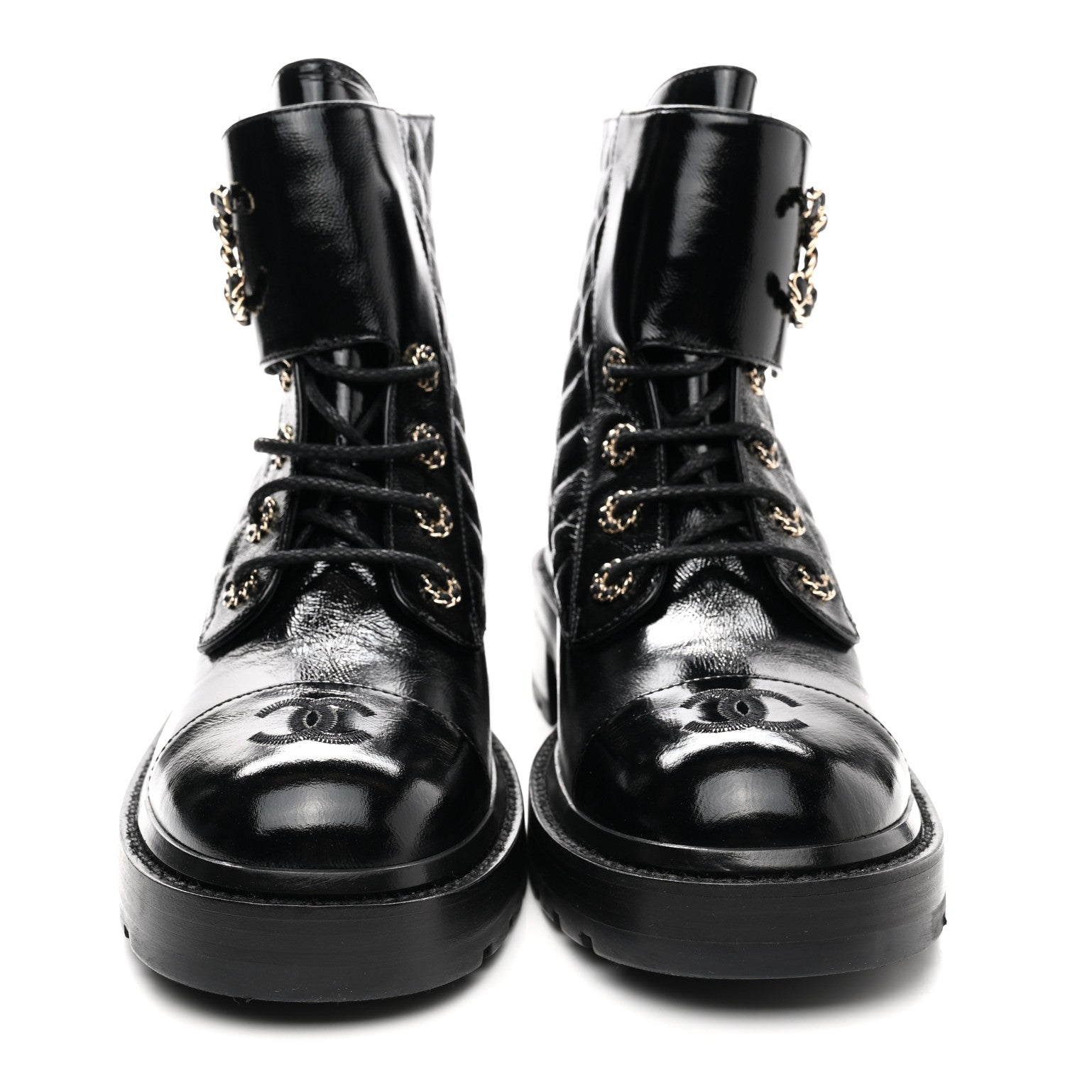 Chanel Shiny Calfskin Quilted Lace Up Combat Boots 41 Black 2 of 10