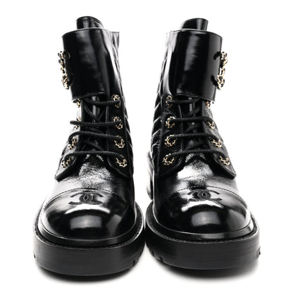 Chanel Shiny Calfskin Quilted Lace Up Combat Boots 41 Black 2 of 10