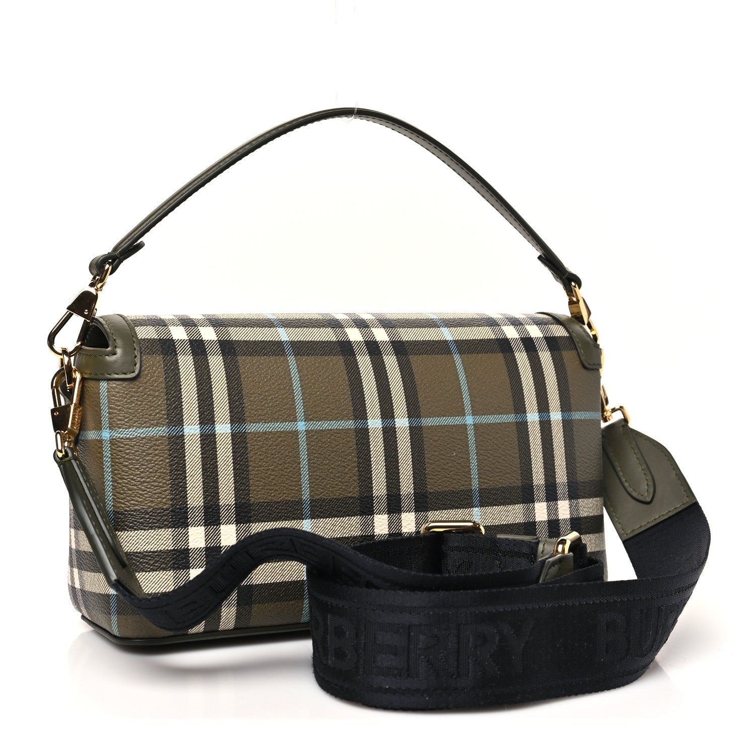 Burberry Coated Canvas Calfskin Vintage Check Note Top Handle Shoulder Bag Olive Green 3 of 11