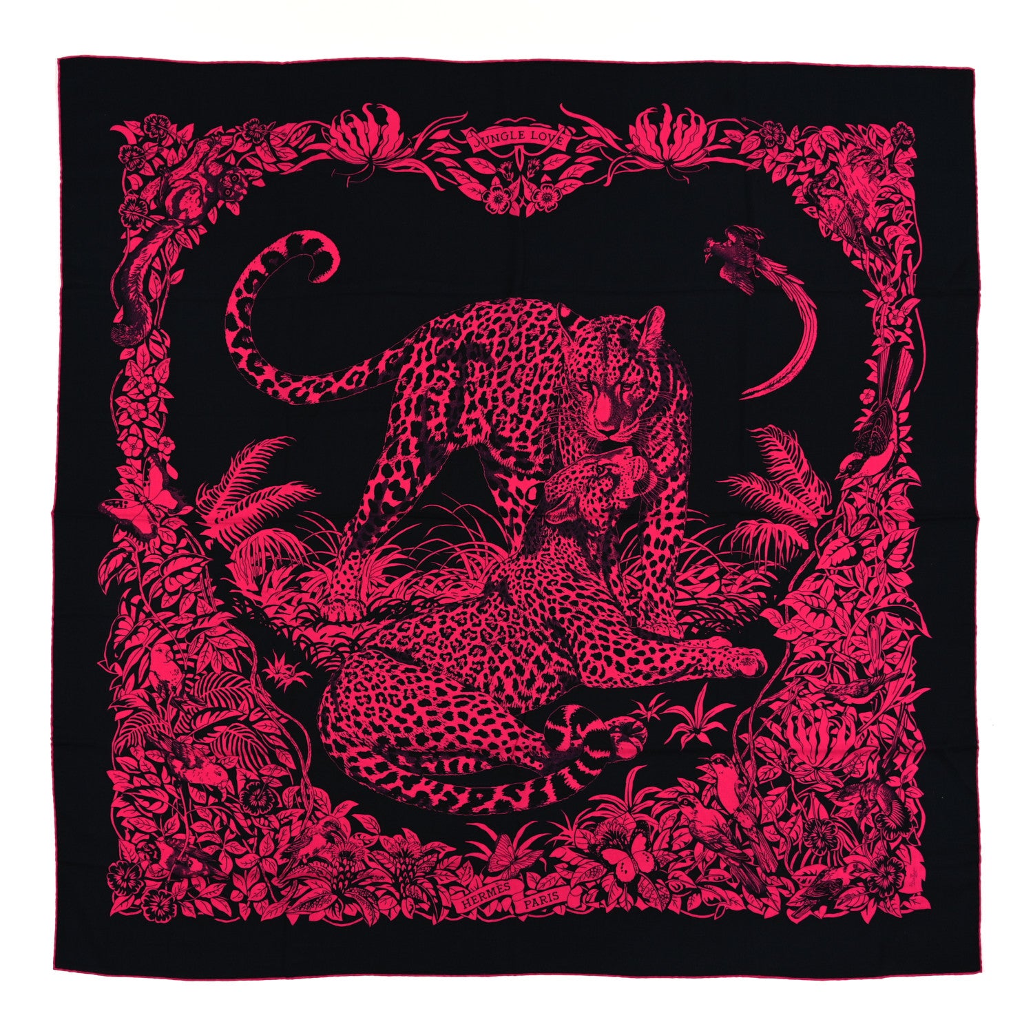 Hermes Cashmere Silk Jungle Love Tattoo Shawl 140 Bleu Noir Rose Vif 1 of 3