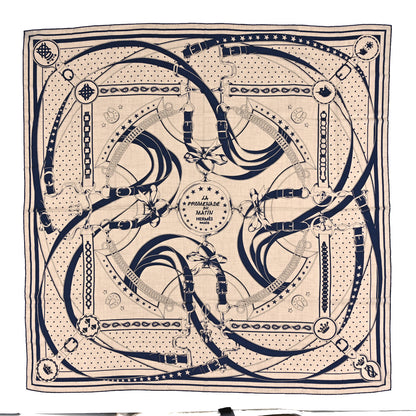 Hermes Cashmere Silk La Promenade Du Matin Shawl 140 Naturel Marine Black 1 of 3