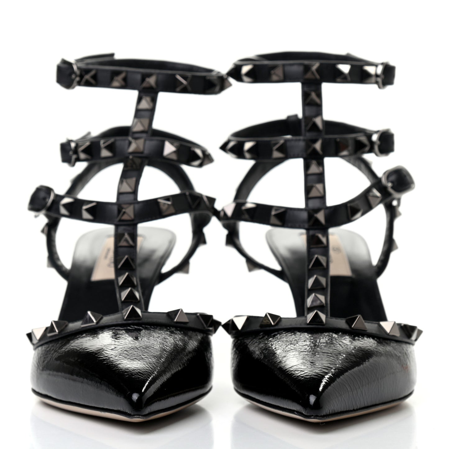Wrinkled Patent Nappa Rockstud Ankle Strap 65mm Pumps 37 Black