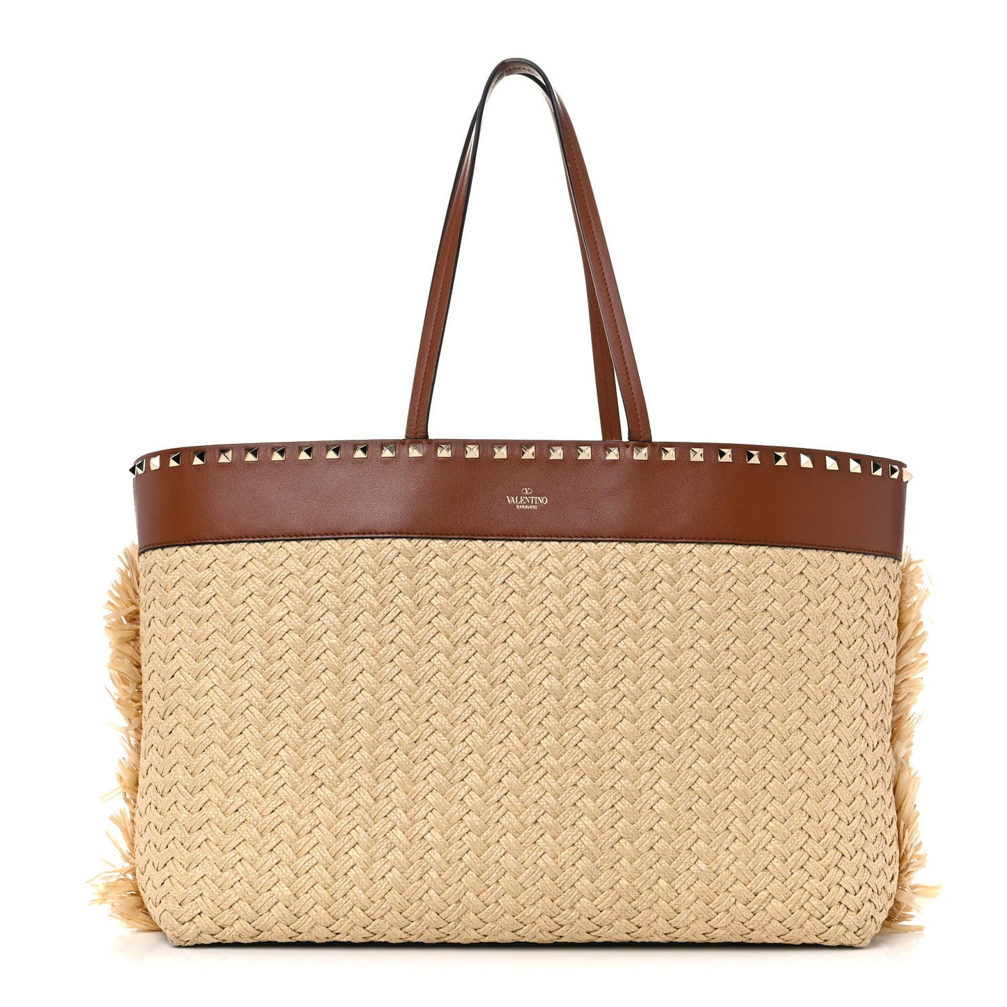 Raffia Calfskin Rockstud Shoulder Tote Naturale Saddle Brown