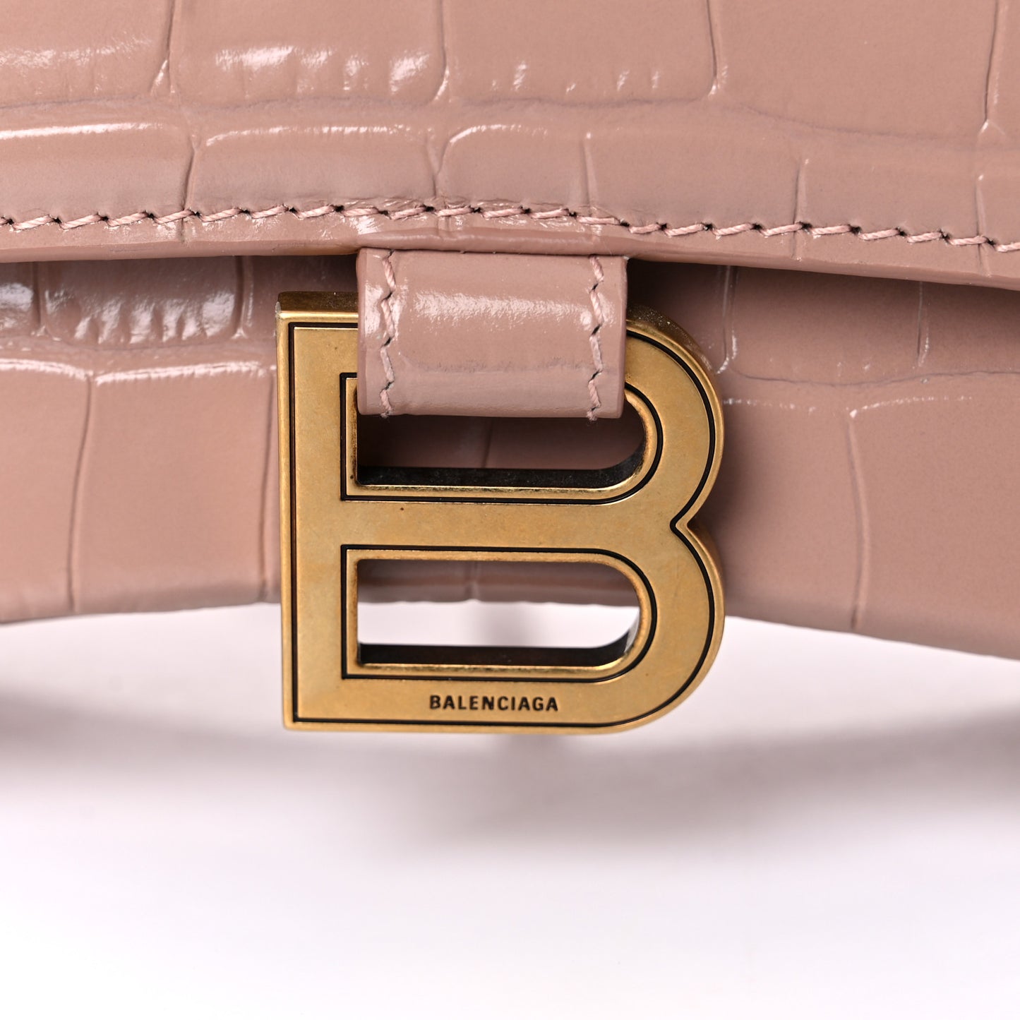 Shiny Calfskin Crocodile Embossed Small Hourglass Top Handle Bag Nude Beige