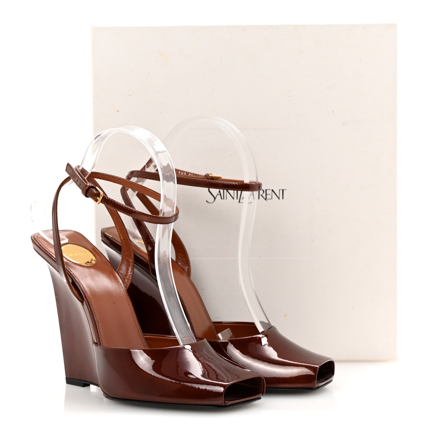 Saint Laurent Patent Calfskin La Scandale Wedges 38.5 Fluffy Chataigne 11 of 11