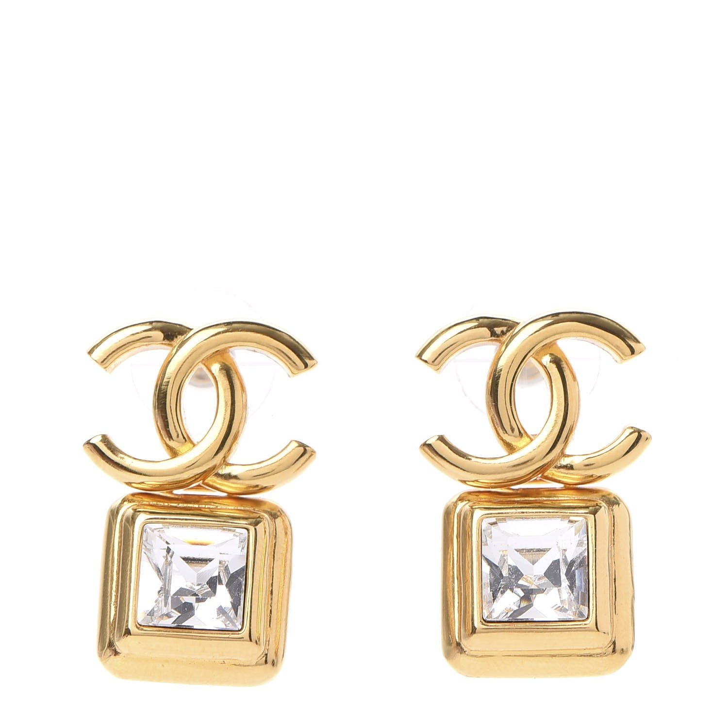 Chanel Crystal CC Square Earrings Gold 1 of 5
