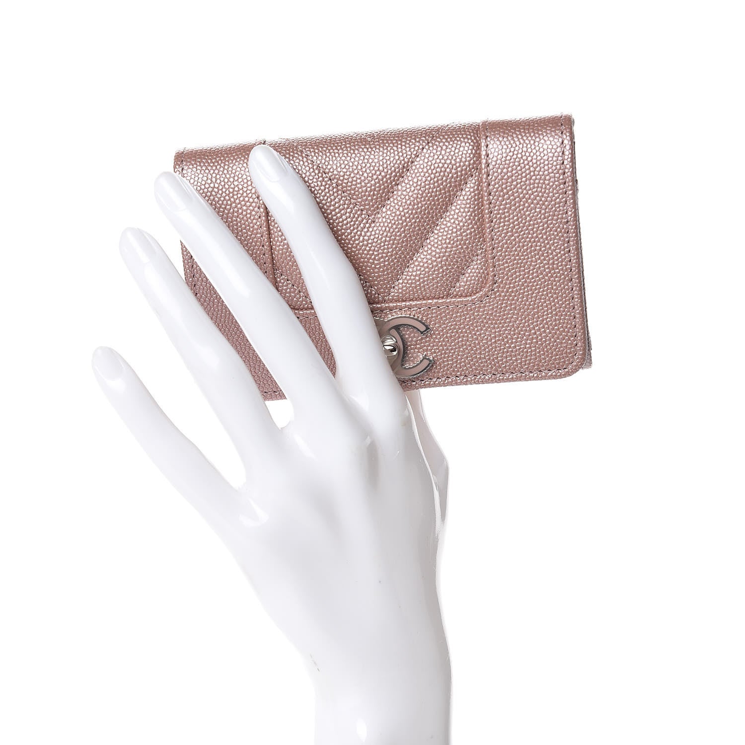 Chanel Metallic Caviar Chevron Quilted Vintage Mademoiselle Flap Card Holder Pink 2 of 9