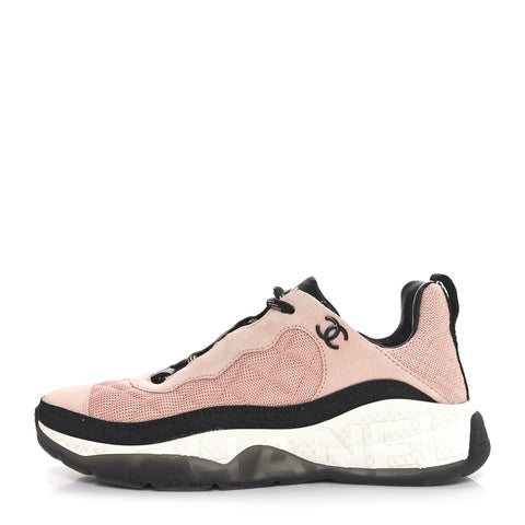 Mesh Suede Calfskin Quilted Sneakers 38 Pink Beige